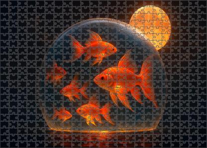 Harvest Moon Aquarium Giant Fishes Swimming Through Amber Night Puzzle Fun