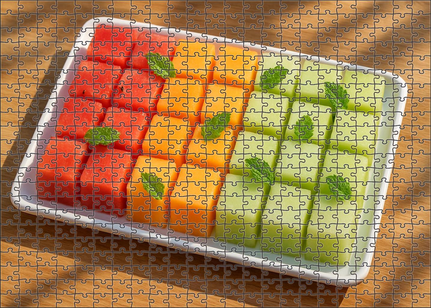 Sunset Melon Medley Watermelon Cantaloupe And Honeydew Cubes With Mint Premium Puzzle Pieces