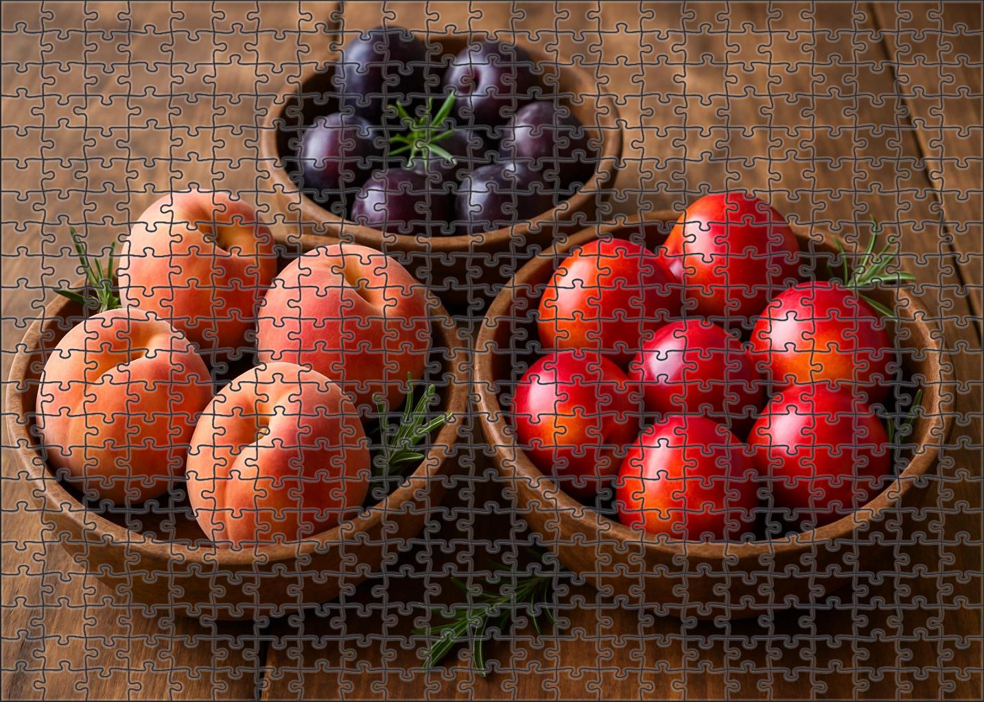 Stone Fruit Serenade Peaches Nectarines And Plums In Rustic Wooden Bowls Premium Puzzle Pieces