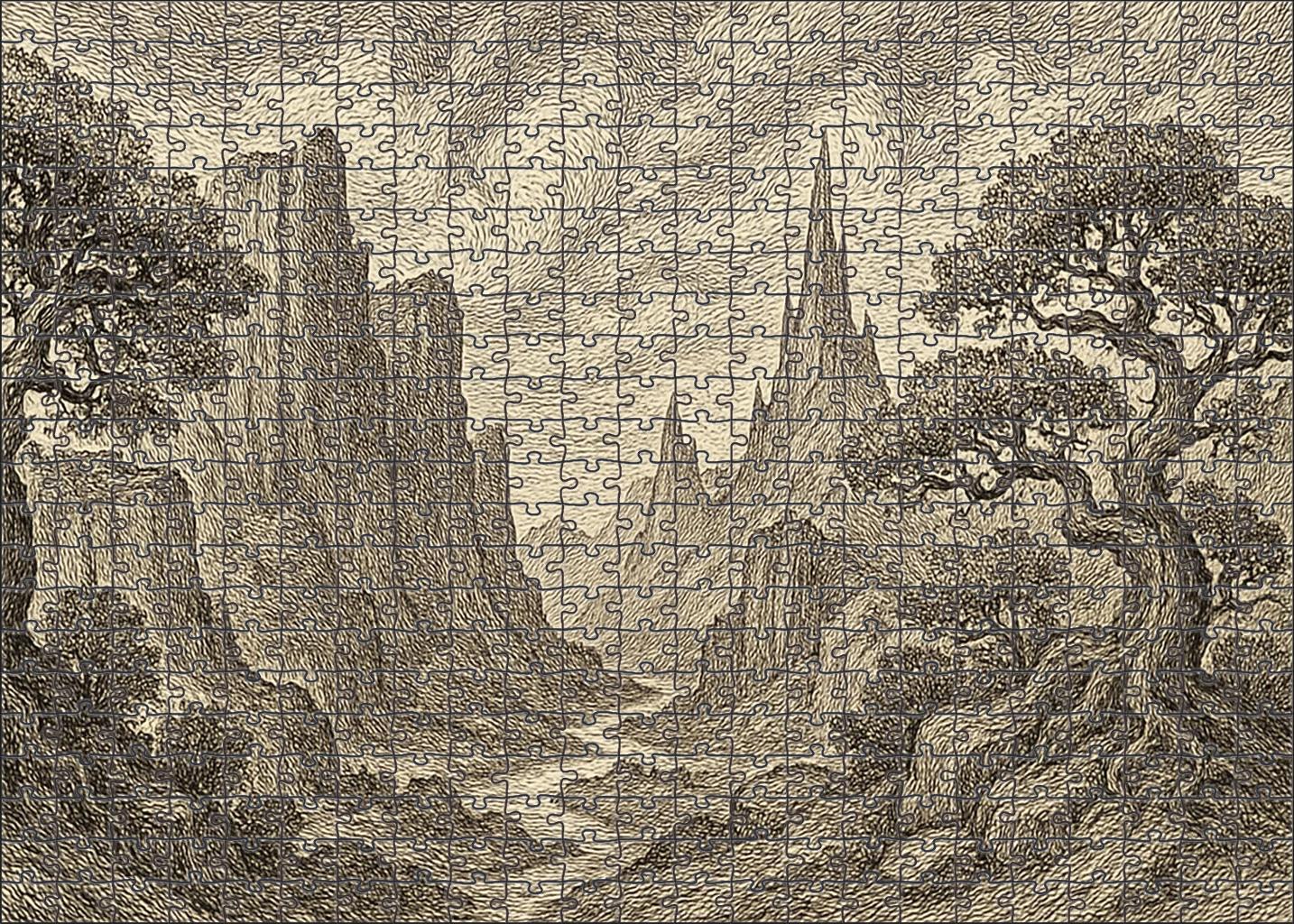 Mythical Landscape Panorama Pen And Ink With Detailed Textural Patterns Large Format Puzzle