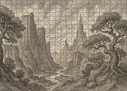 Mythical Landscape Panorama Pen And Ink With Detailed Textural Patterns Large Format Puzzle
