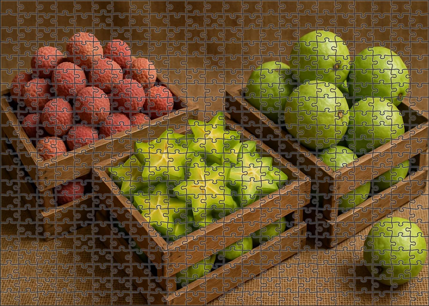 Exotic Market Spread Guava Starfruit And Lychee In Natural Wooden Crates Mini Puzzle