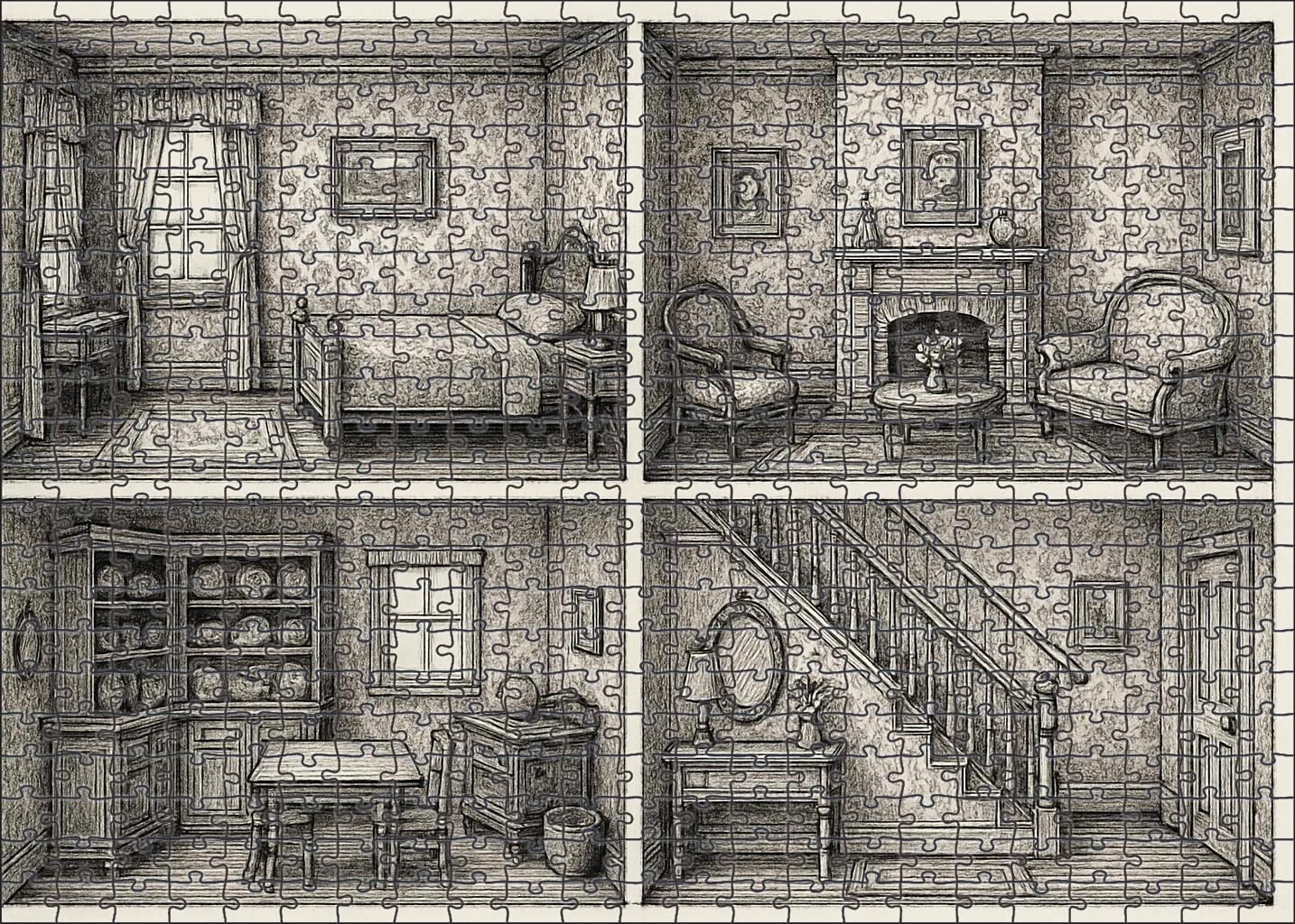 Victorian Dollhouse Interior Pen And Ink Architectural Sketch With Ornate Detail Puzzle Collection