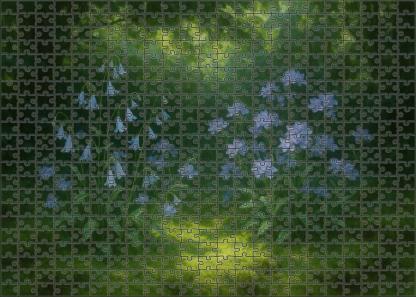 Mist Garden Niche Soft Blue And Lavender Blooms Nestled In Mossy Ground Cover Puzzle For Kids