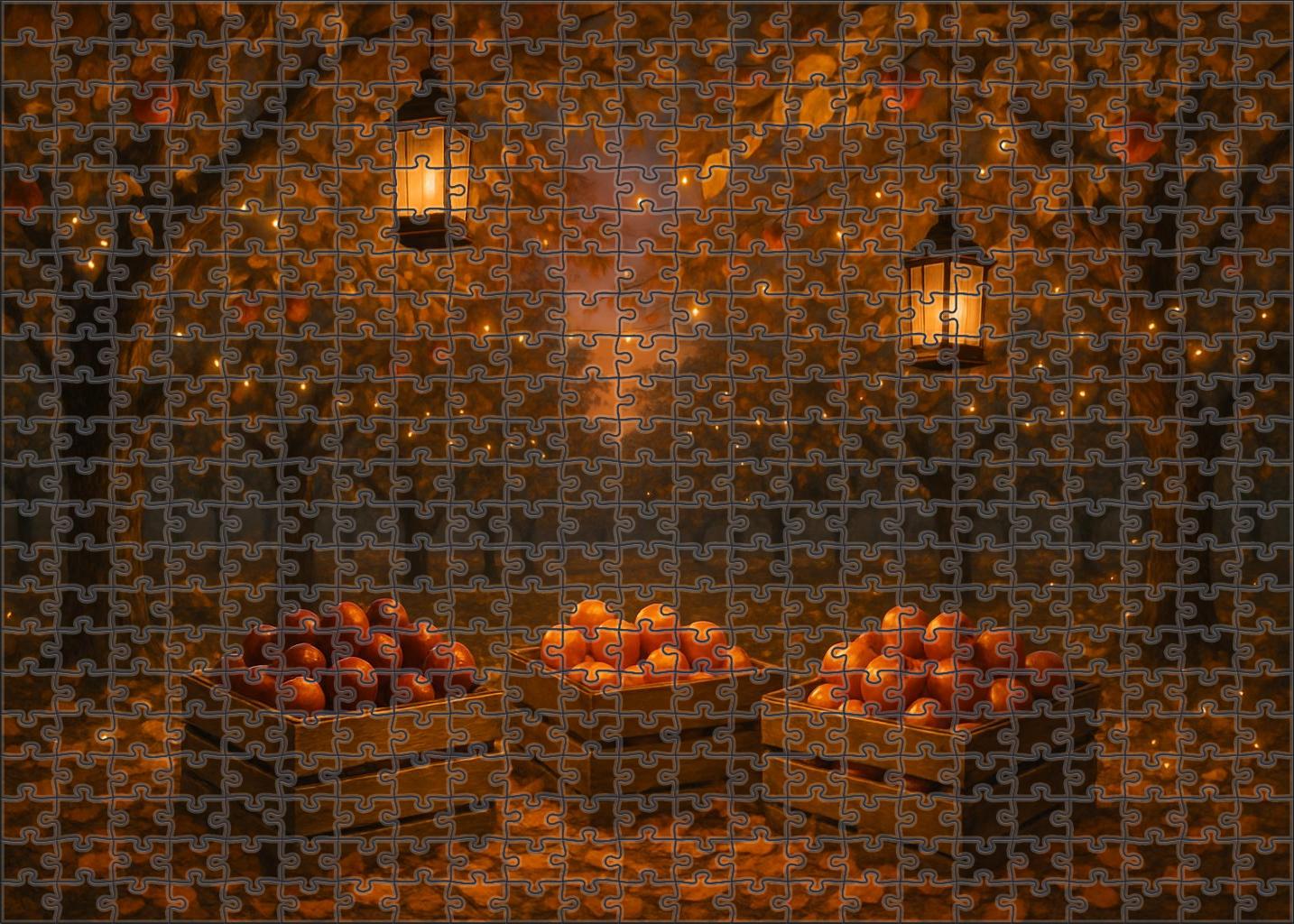 Amber Orchard Twilight Glowing Lanterns Amid Golden Foliage Puzzle Fun