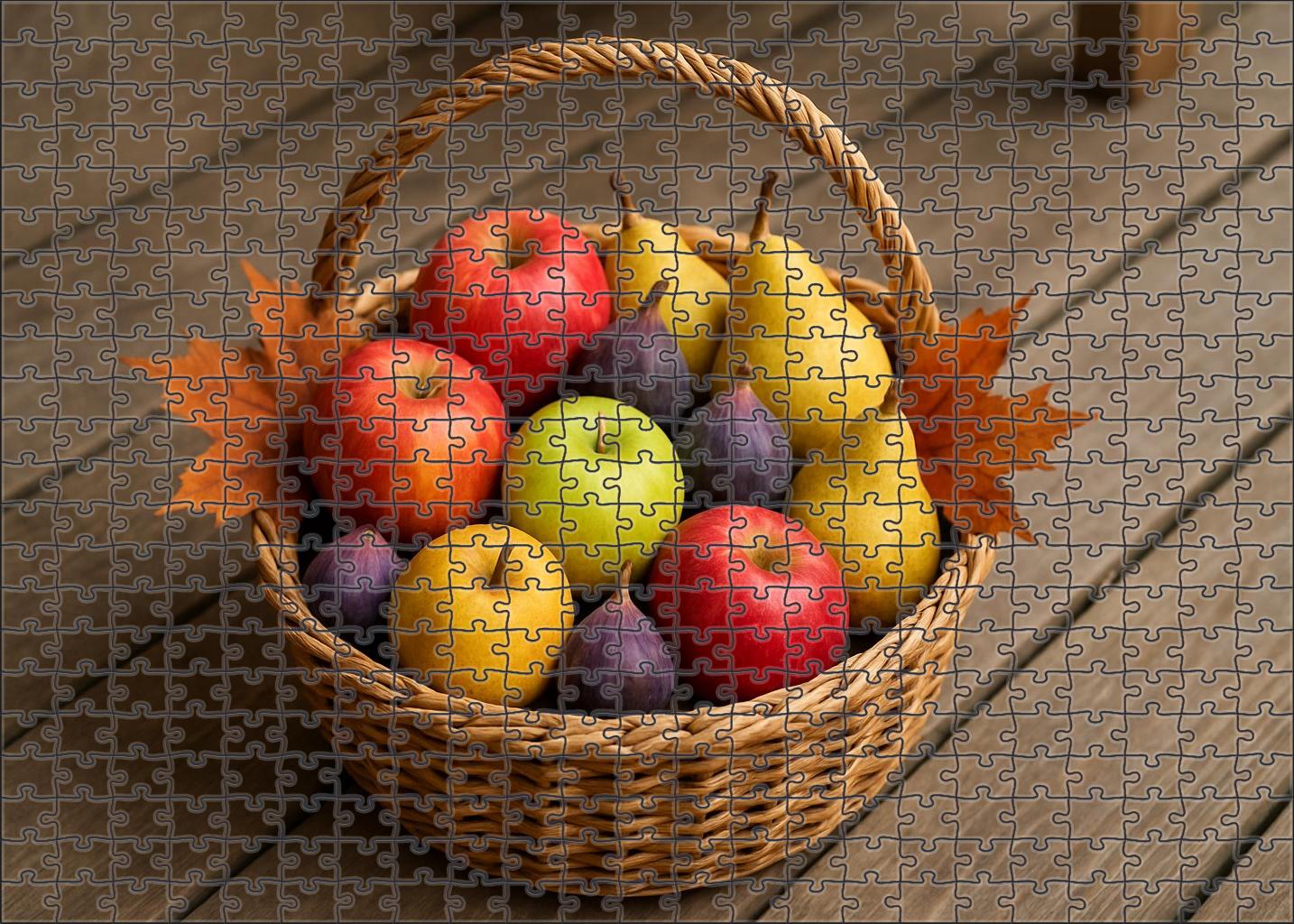Autumn Orchard Basket Crisp Apples Pears And Figs With Maple Leaf Accents Premium Puzzle Pieces