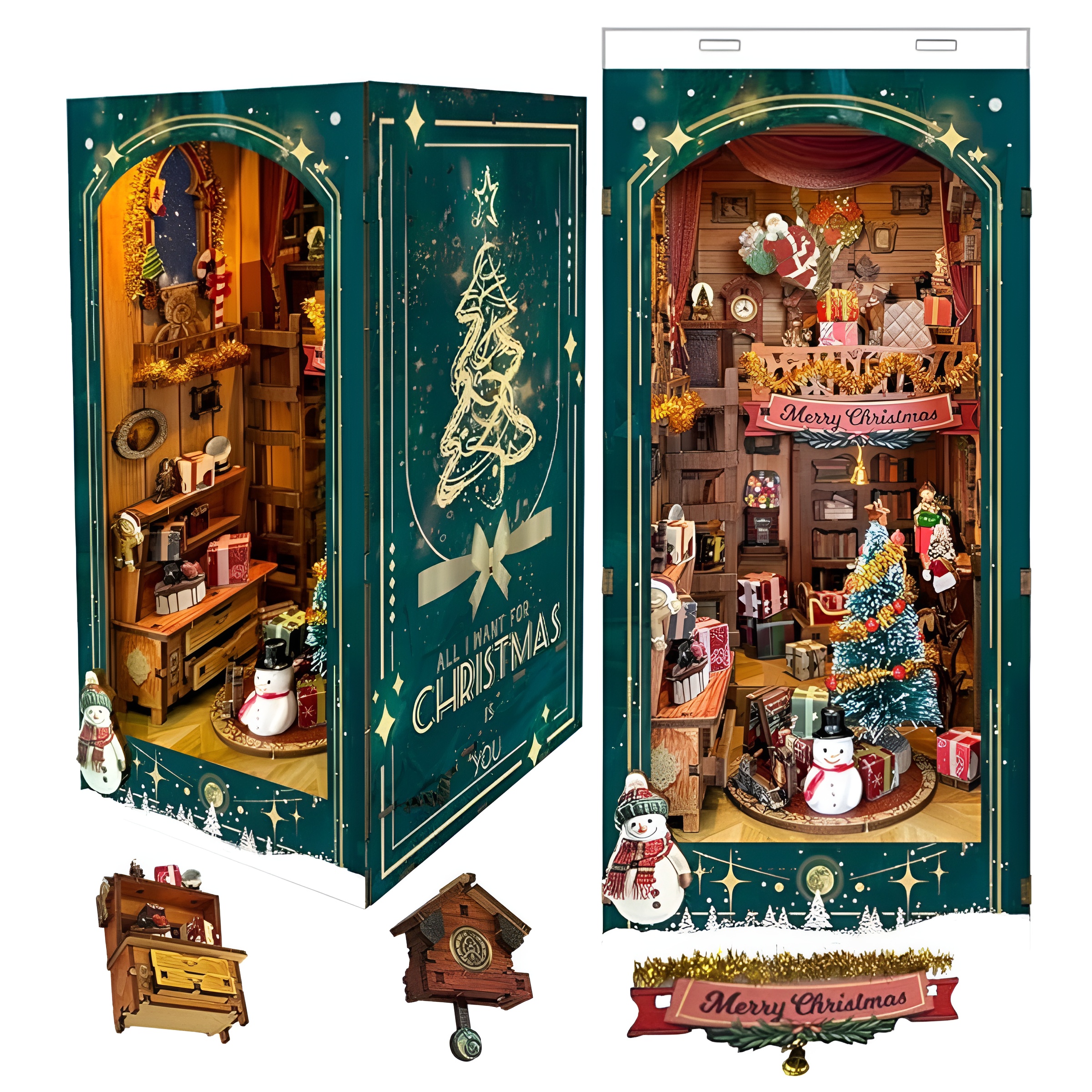 DIY Book Nook Kit Christmas 3D Wooden Miniature Puzzles with LED Light