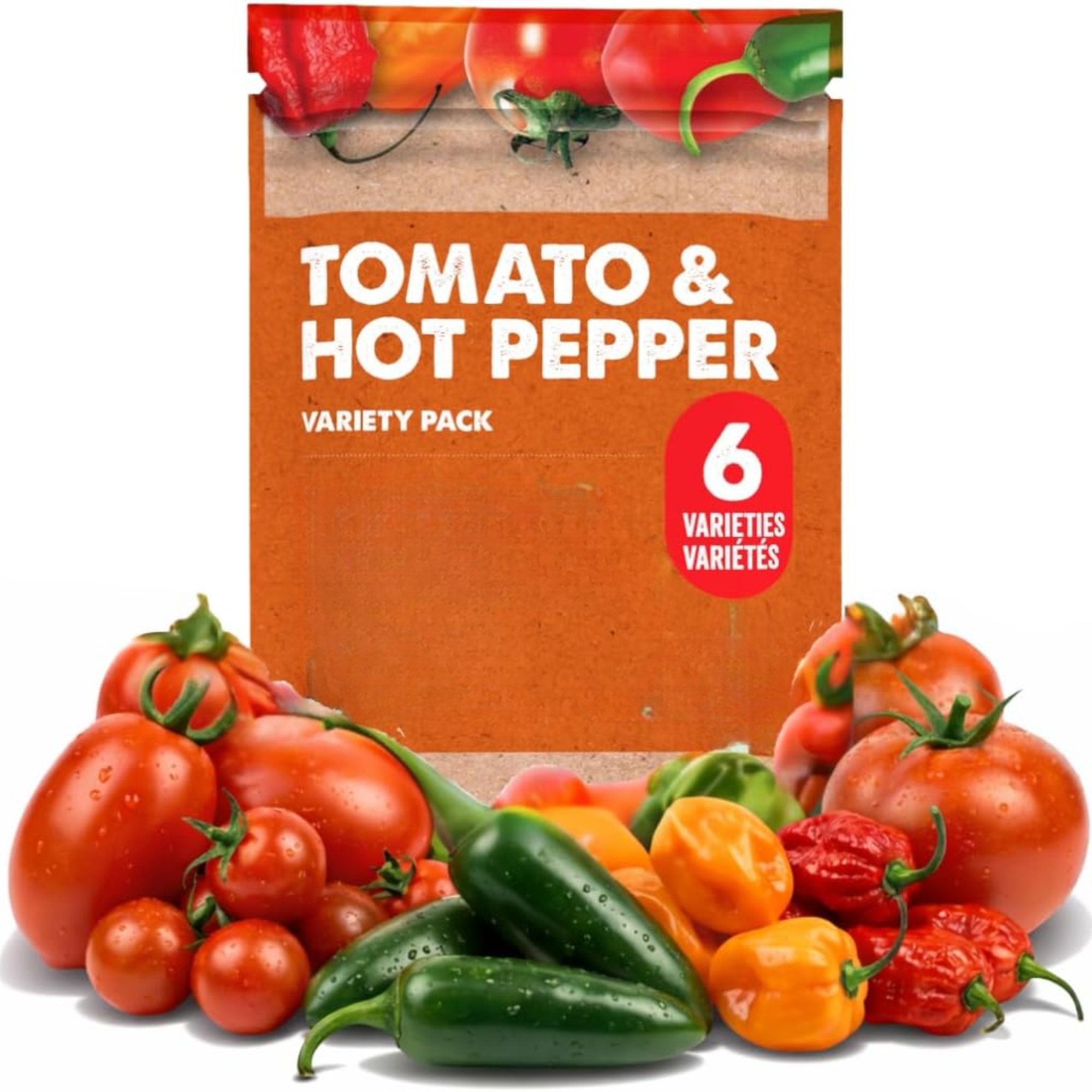 Seeds Pack of 6 Varieties of Heritage Tomato Seeds & Hot Peppers - Roma, Red Cherry, Scotia, Ghost Pepper (Bhut Jolokia), Habanero, Jalapeno Seeds