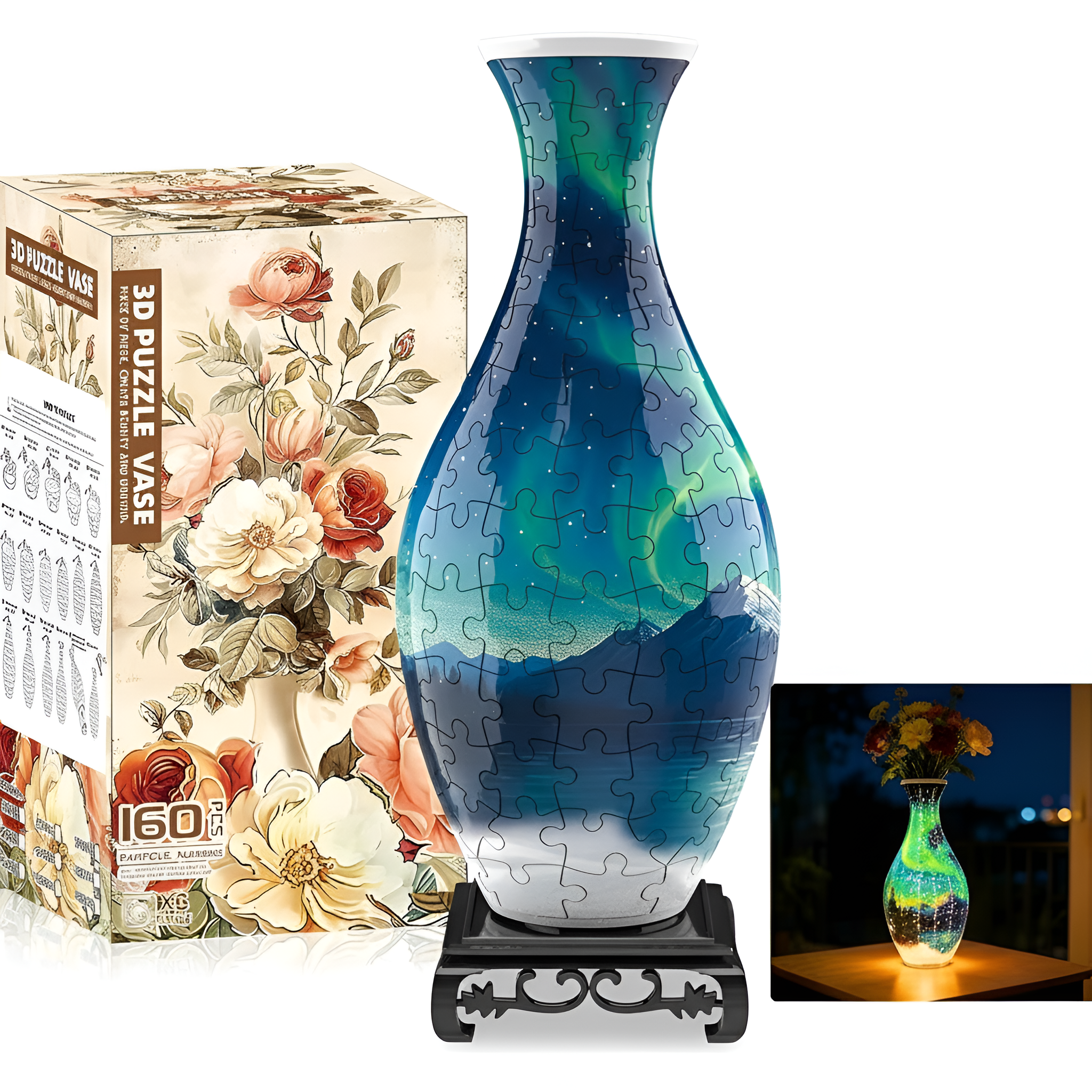 3D Puzzles Vase for Adults, Crafts for Adults, 160 Pieces Plastic DIY Unique Flower Vase with LED Light House Warming Gift Birthday Gifts for Flower Arrangements and Home Decor (Night Light)