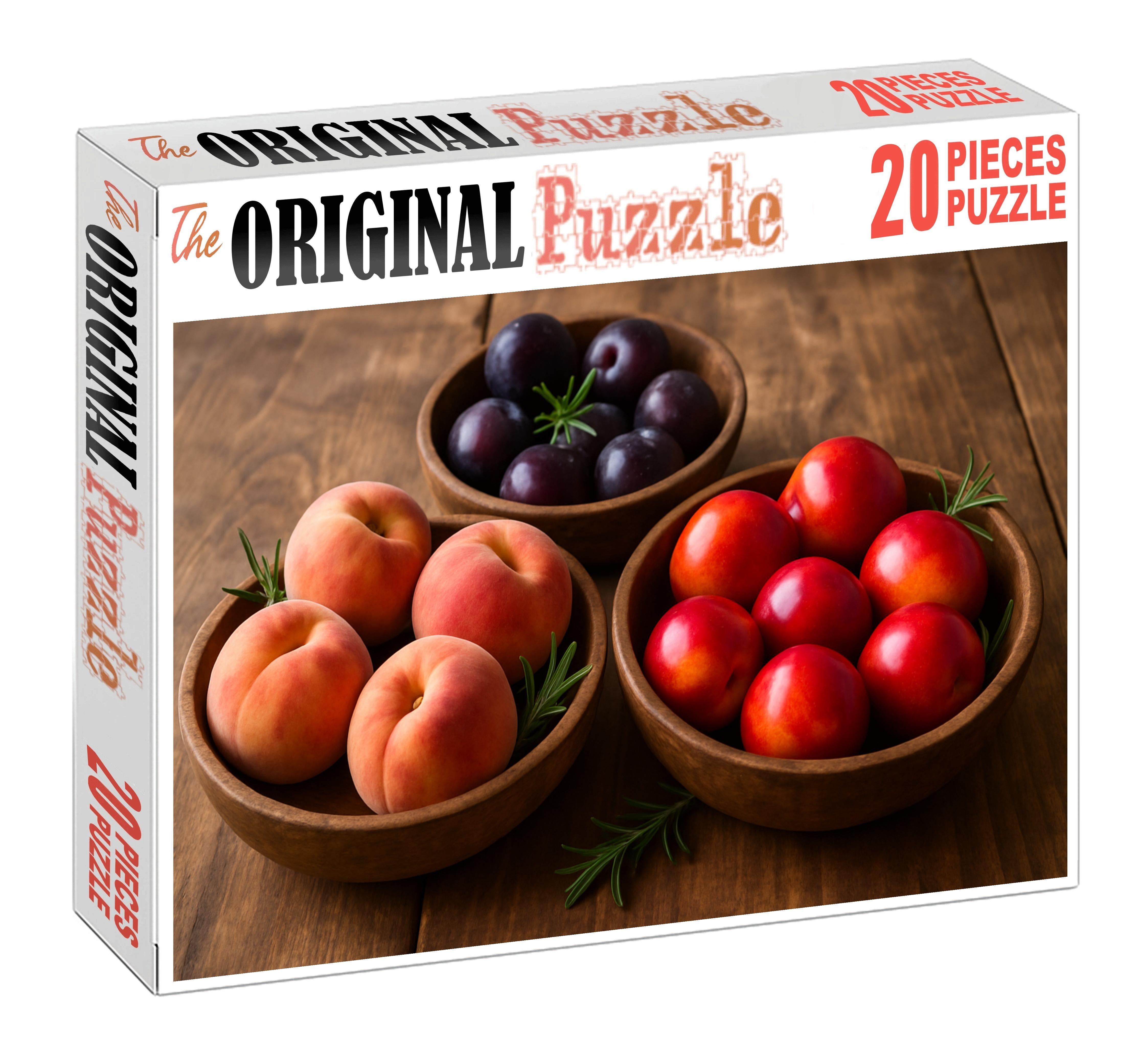 Stone Fruit Serenade Peaches Nectarines And Plums In Rustic Wooden Bowls Premium Puzzle Pieces