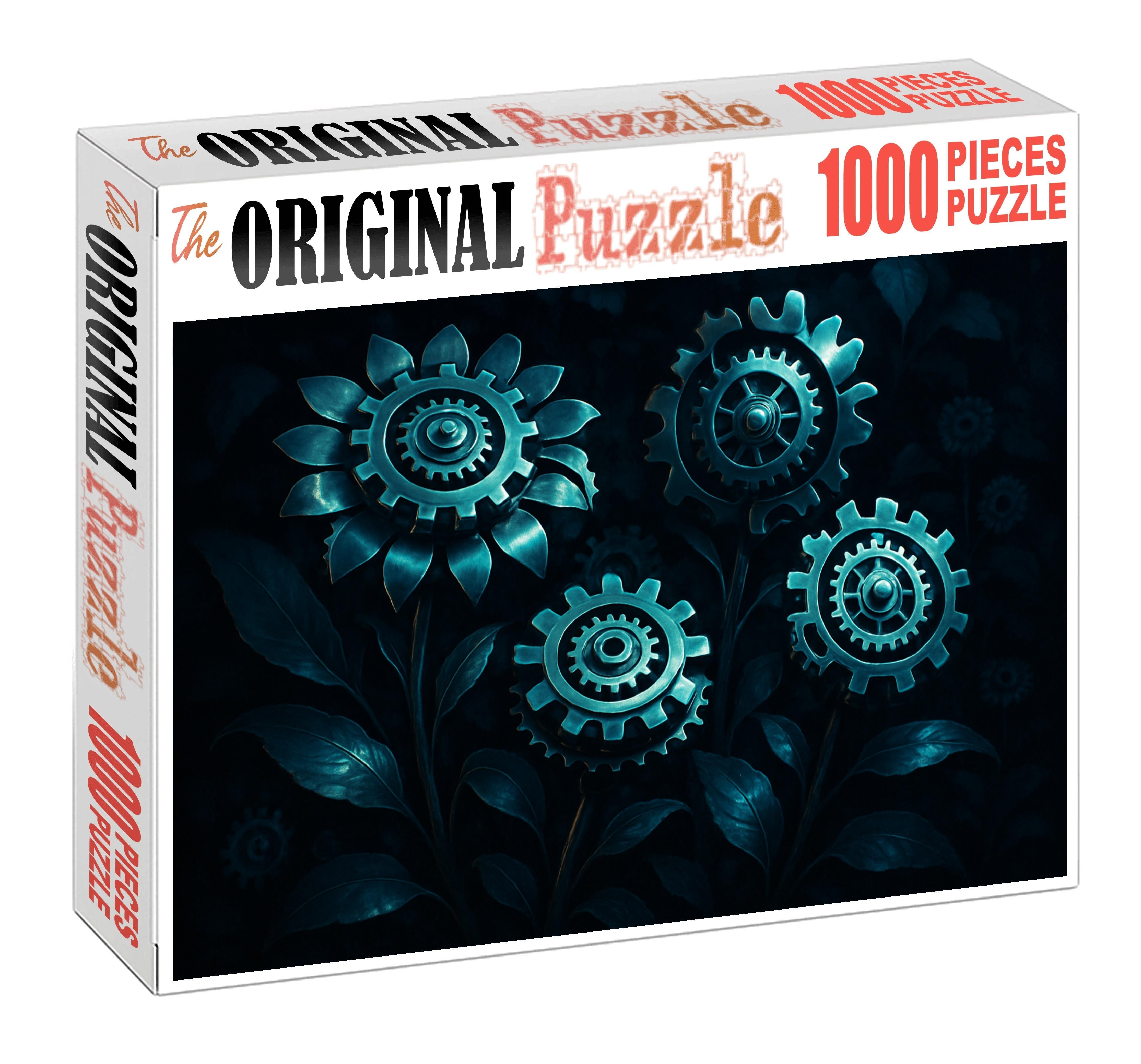 Mechanical Blooming Clockwork Flowers Opening In Midnight Gardens Custom Jigsaw Puzzle