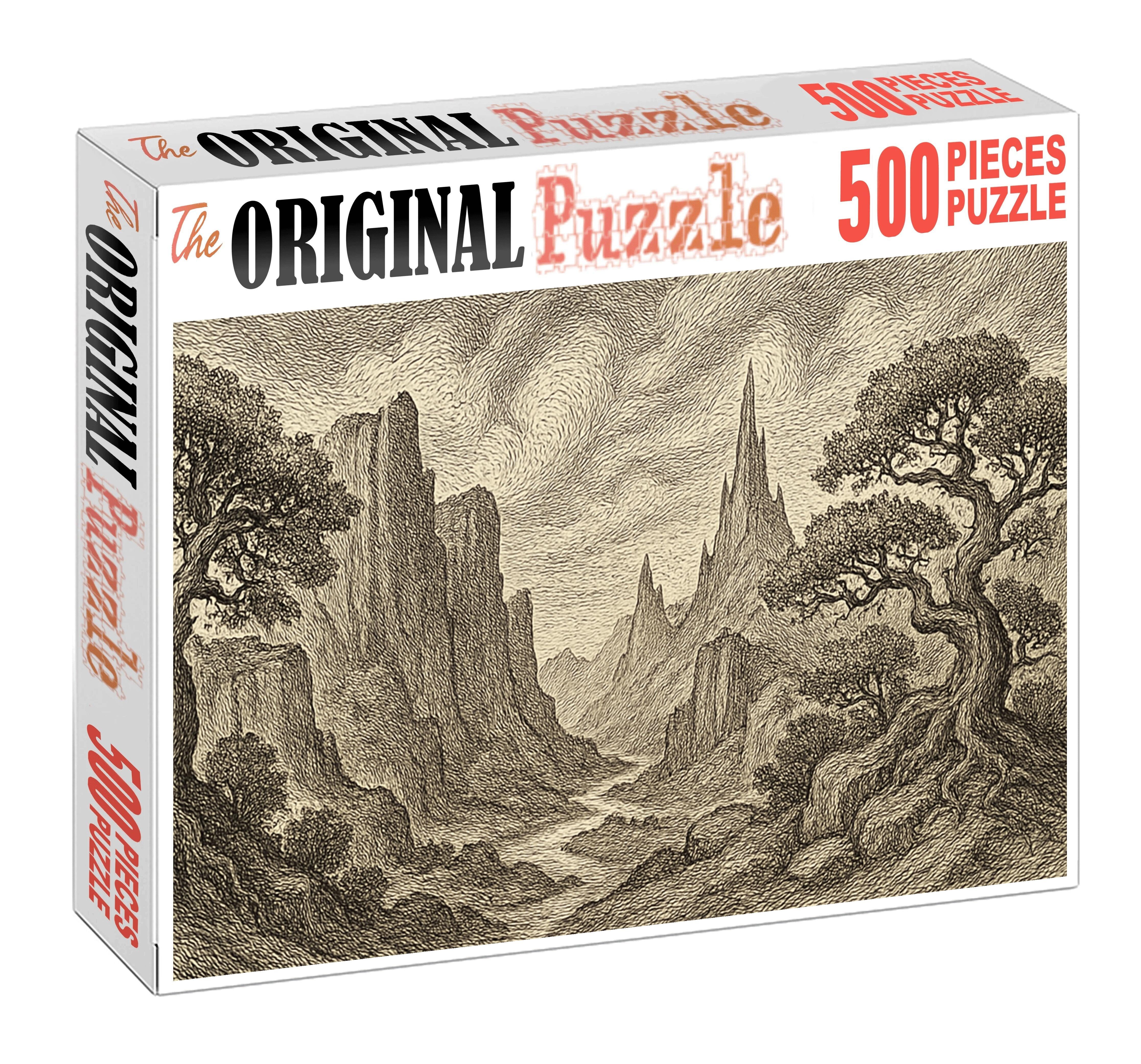 Mythical Landscape Panorama Pen And Ink With Detailed Textural Patterns Large Format Puzzle