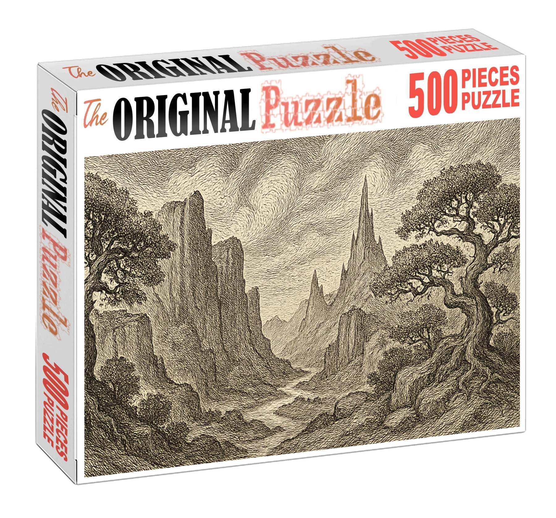 Mythical Landscape Panorama Pen And Ink With Detailed Textural Patterns Large Format Puzzle