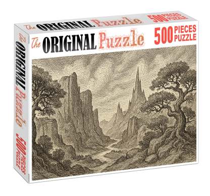 Mythical Landscape Panorama Pen And Ink With Detailed Textural Patterns Large Format Puzzle