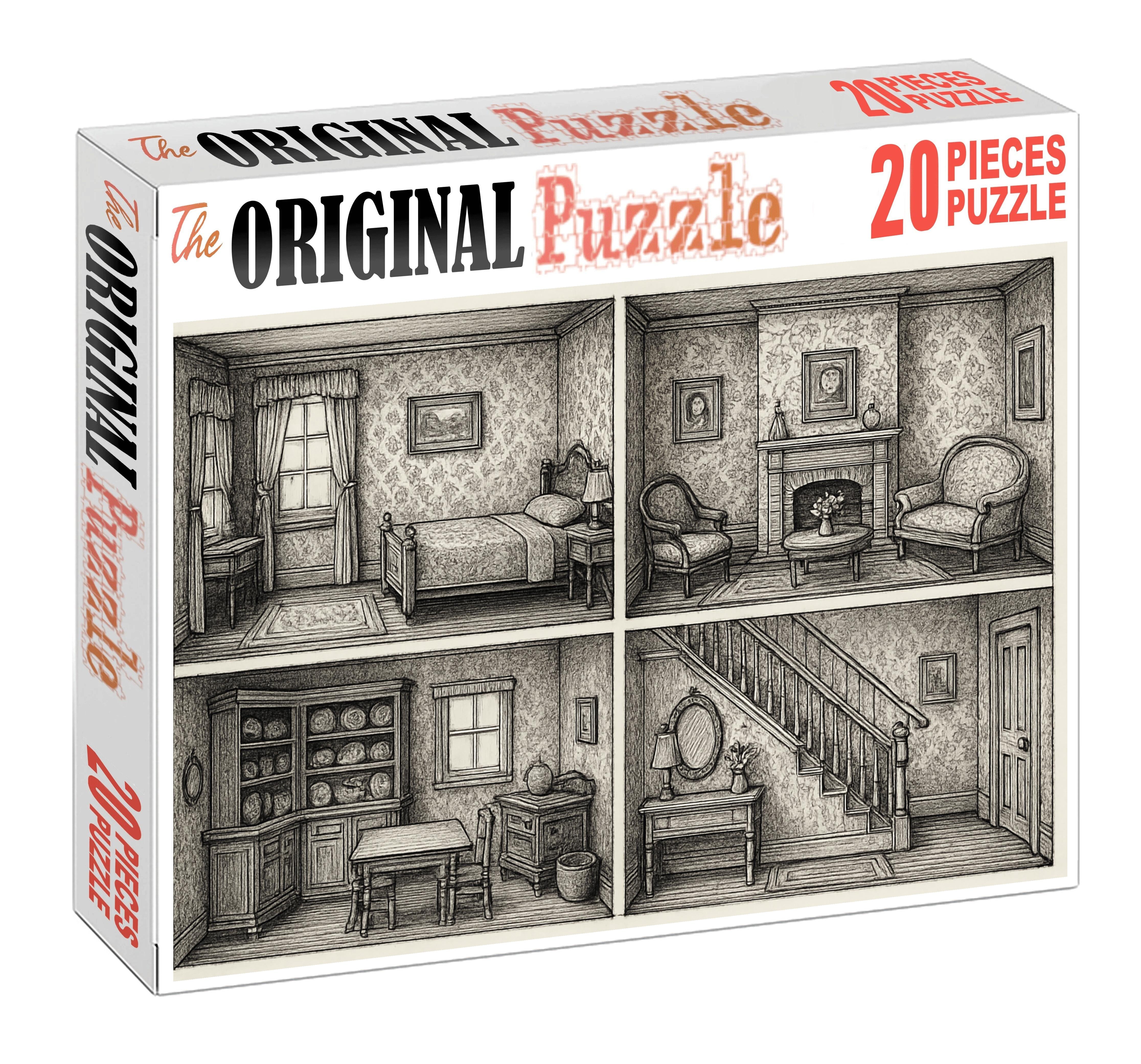 Victorian Dollhouse Interior Pen And Ink Architectural Sketch With Ornate Detail Puzzle Collection