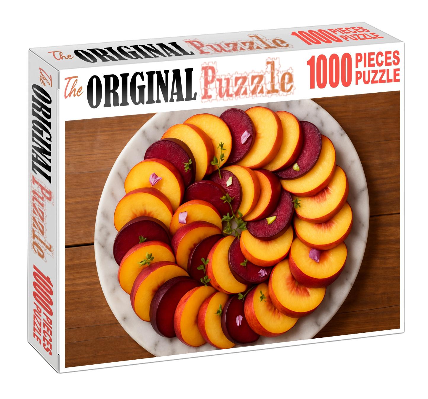 Stone Fruit Symphony Sliced Peaches Plums And Nectarines On Marble 20 Piece Puzzle