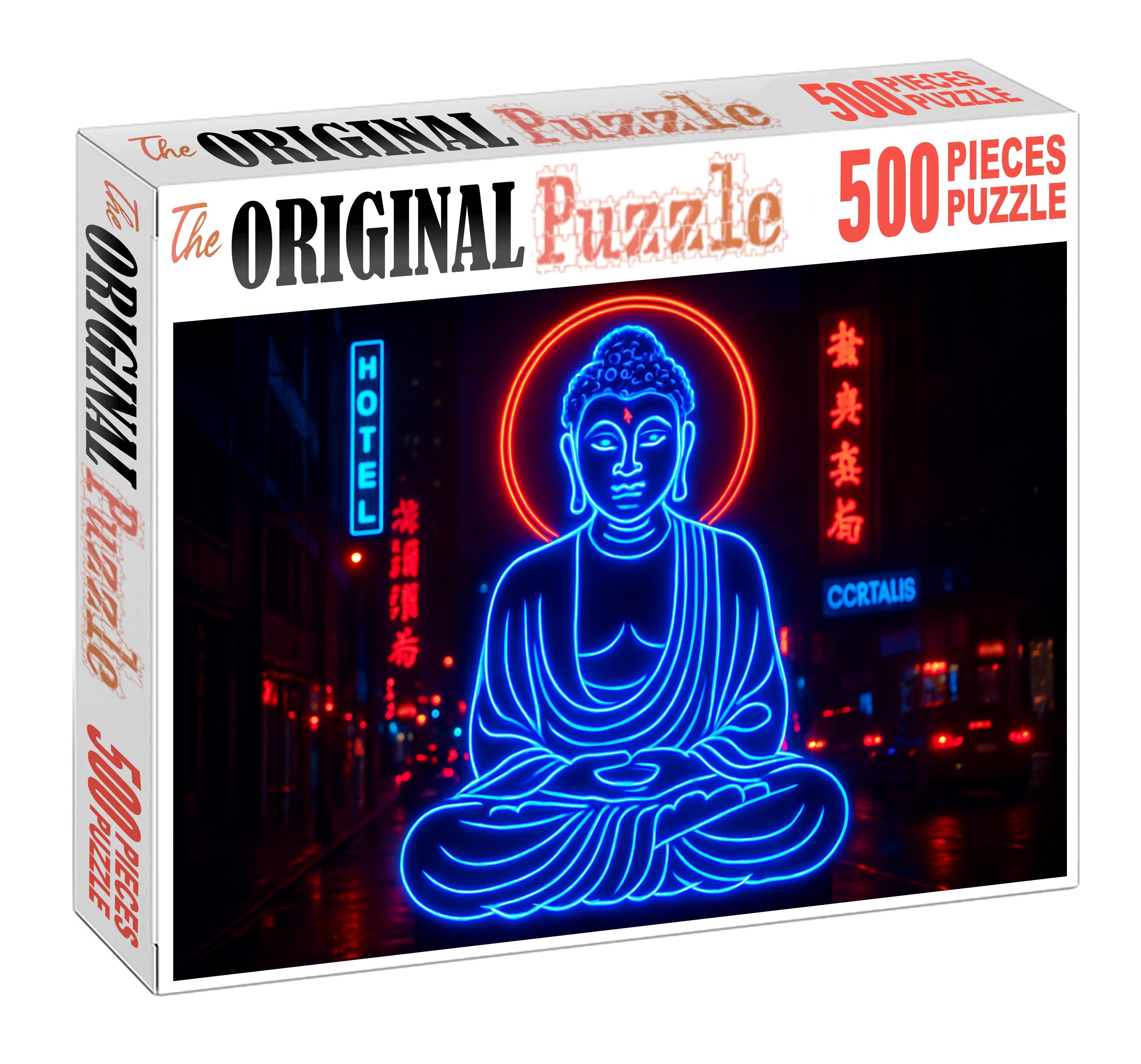 Neon Buddha Statue Bangkok Thailand  Identified By 6712 Globally As A Vibrant Religious Icon Custom Jigsaw Puzzle