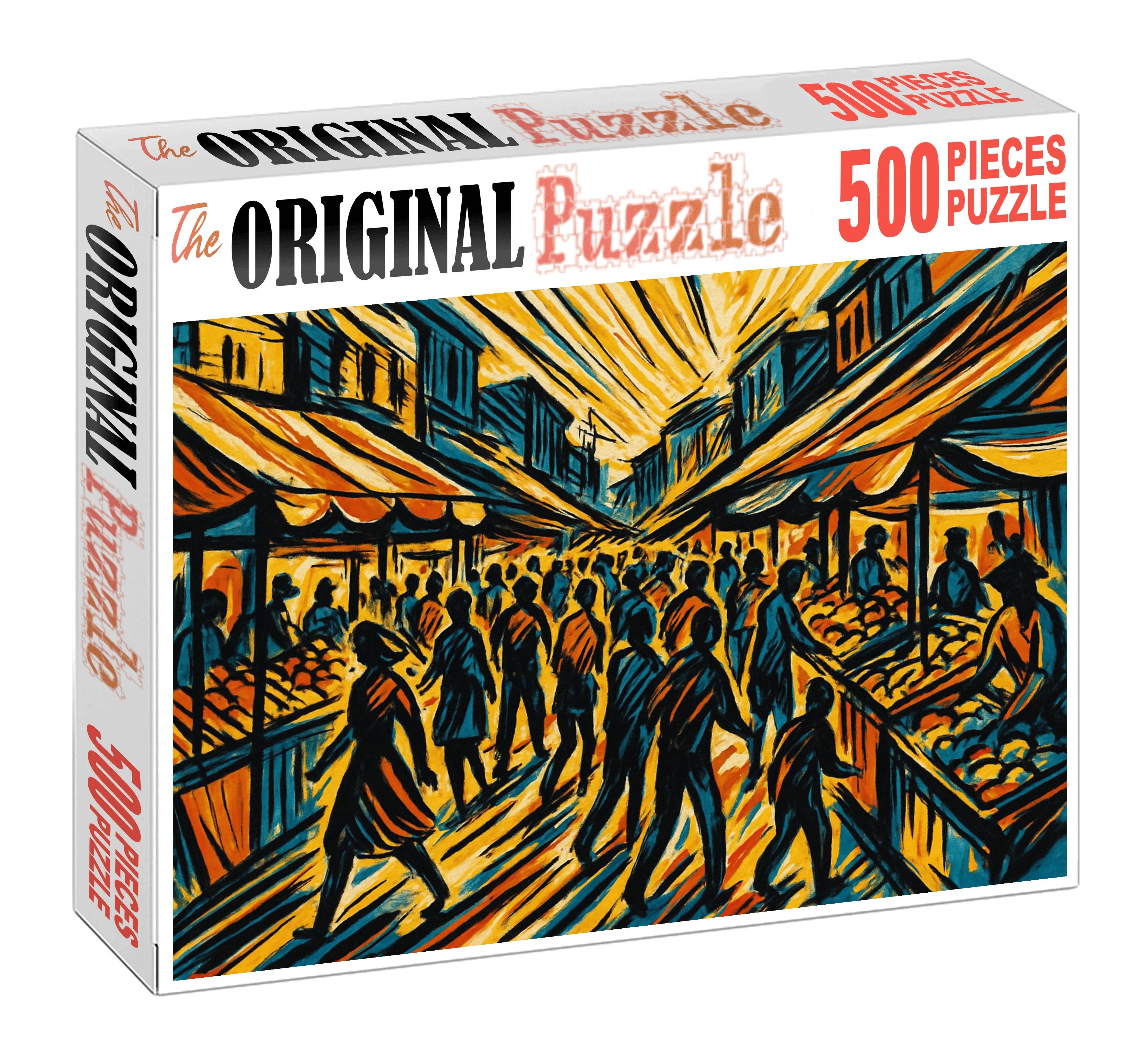 Dynamic Market Street Scene Expressive Ink Sketch With Bold Contours Large Format Puzzle