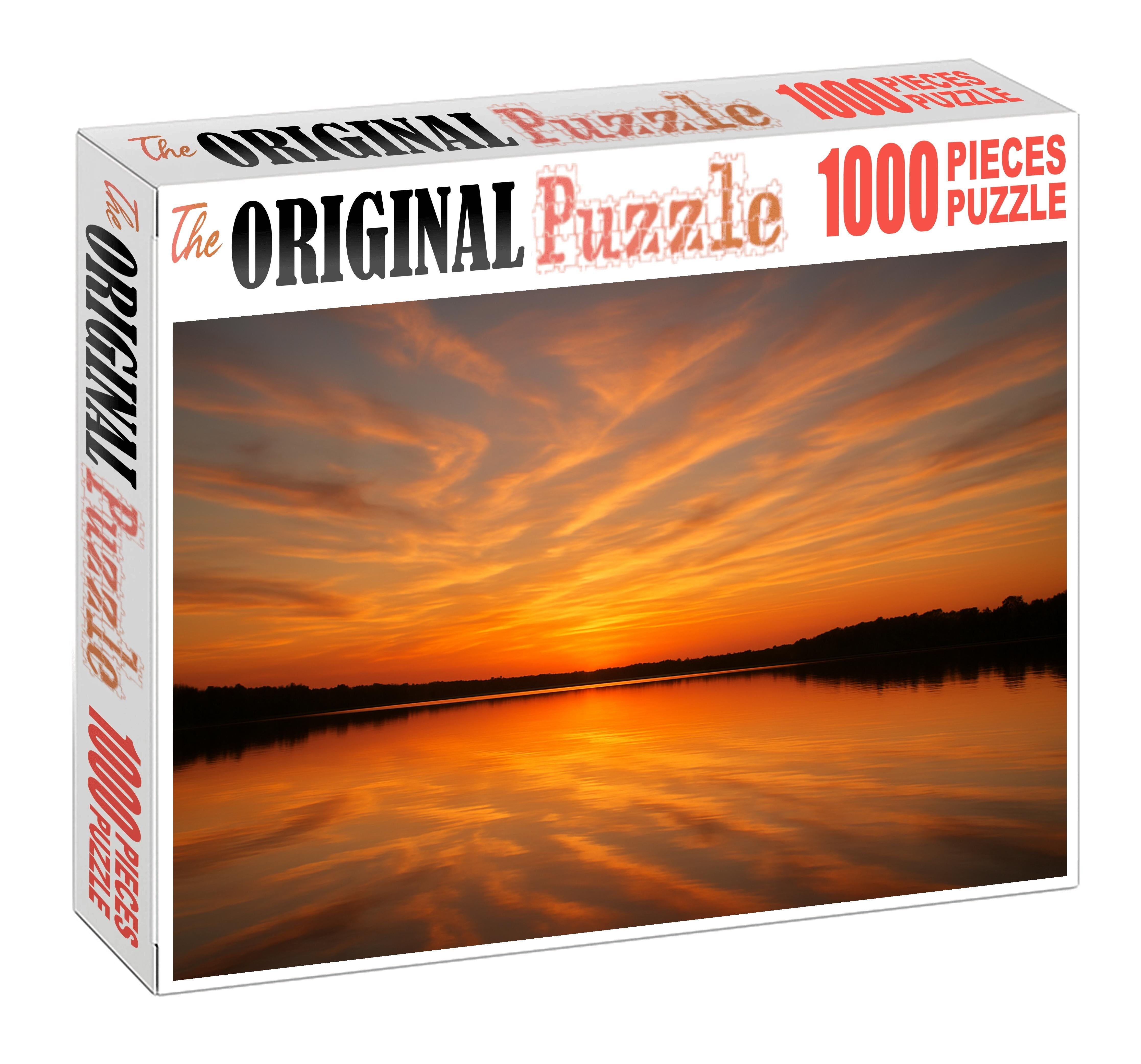 Tangerine Glow Horizon Citrus Hues Over Still Waters Puzzle For Kids