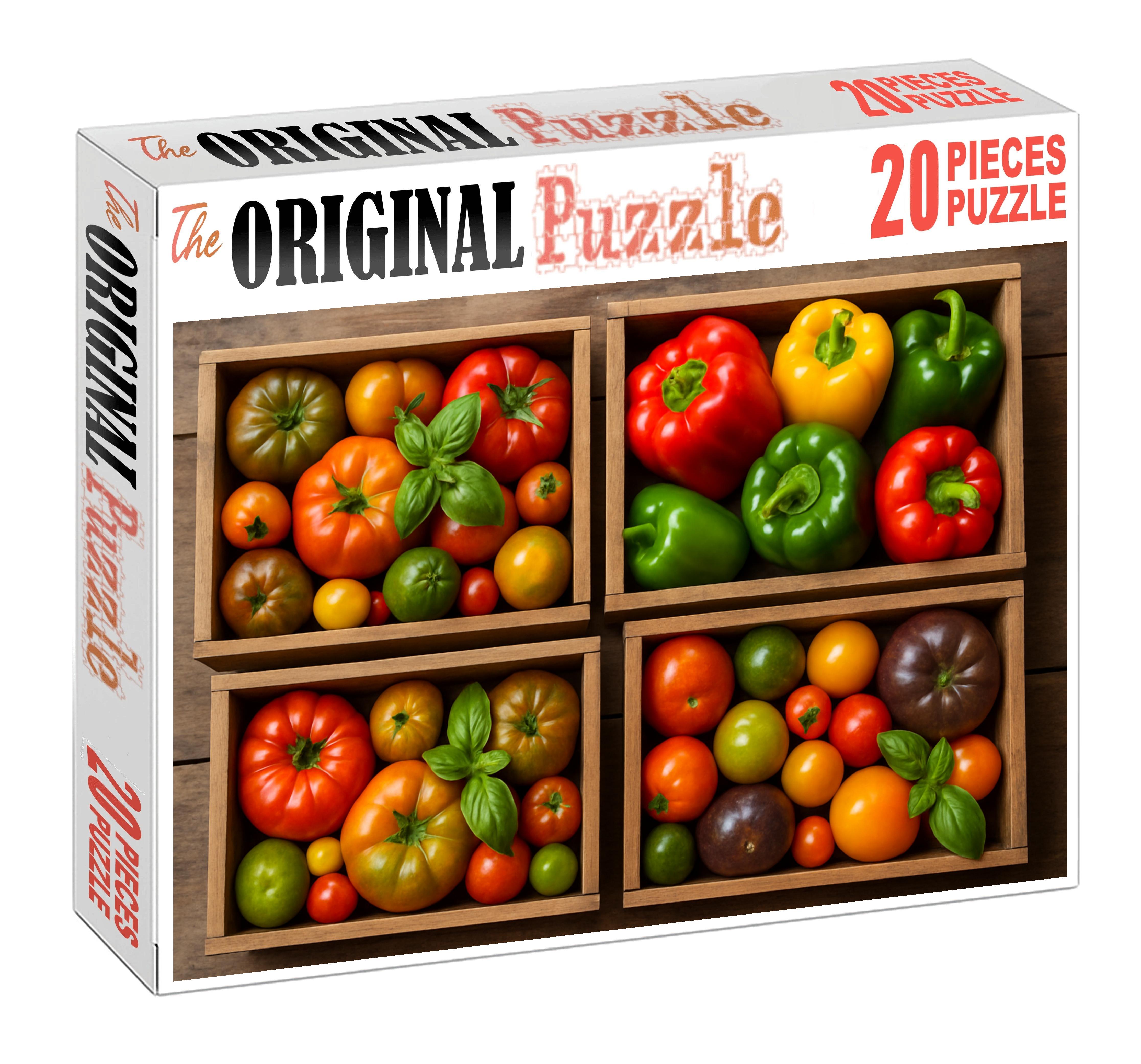 Farmers Market Frenzy Wooden Crates Brimming With Heirloom Tomatoes And Colorful Peppers Premium Puzzle Pieces