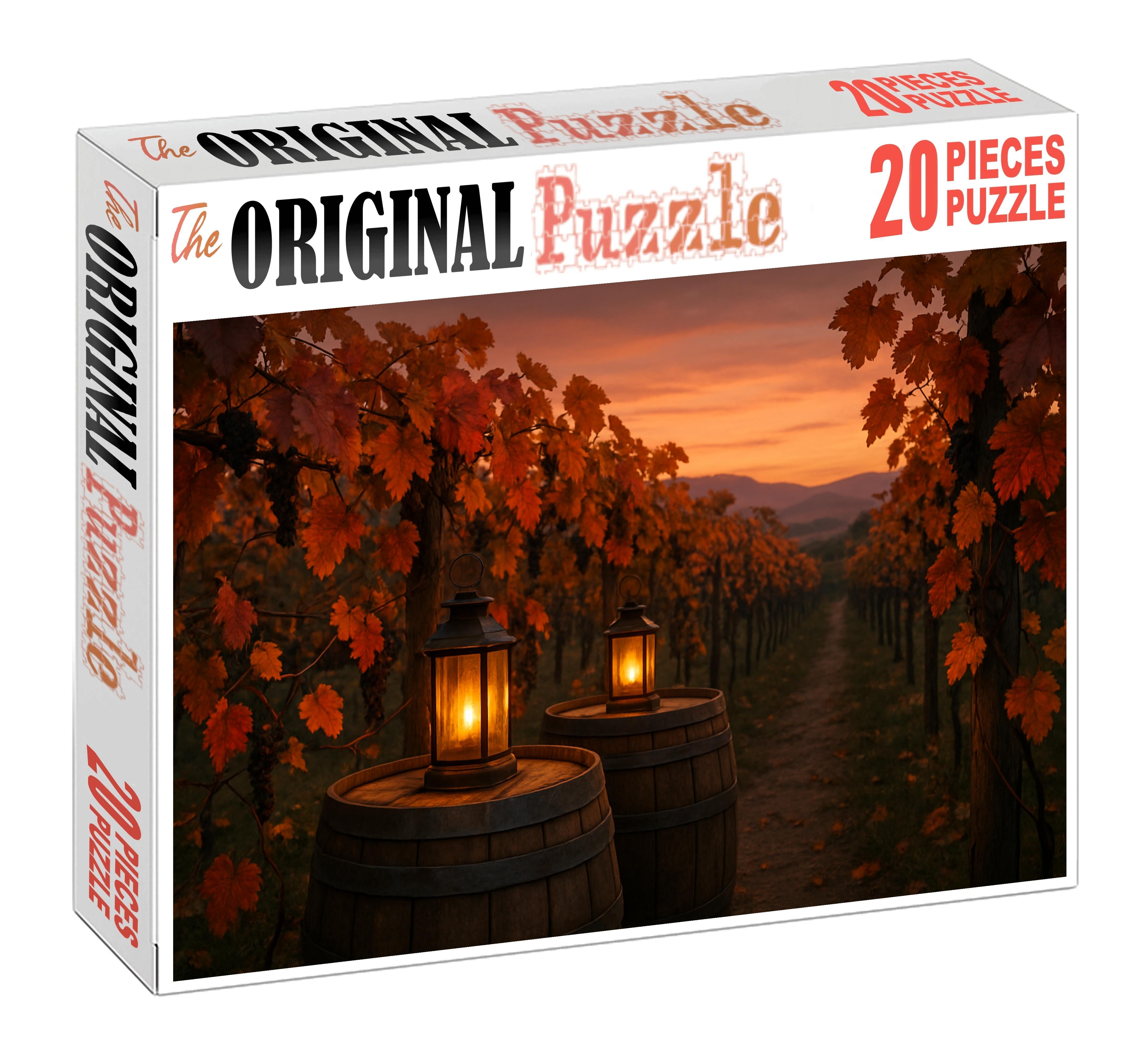 Crimson Vineyard Evening Wine Barrels And Flickering Lanterns Puzzle Fun