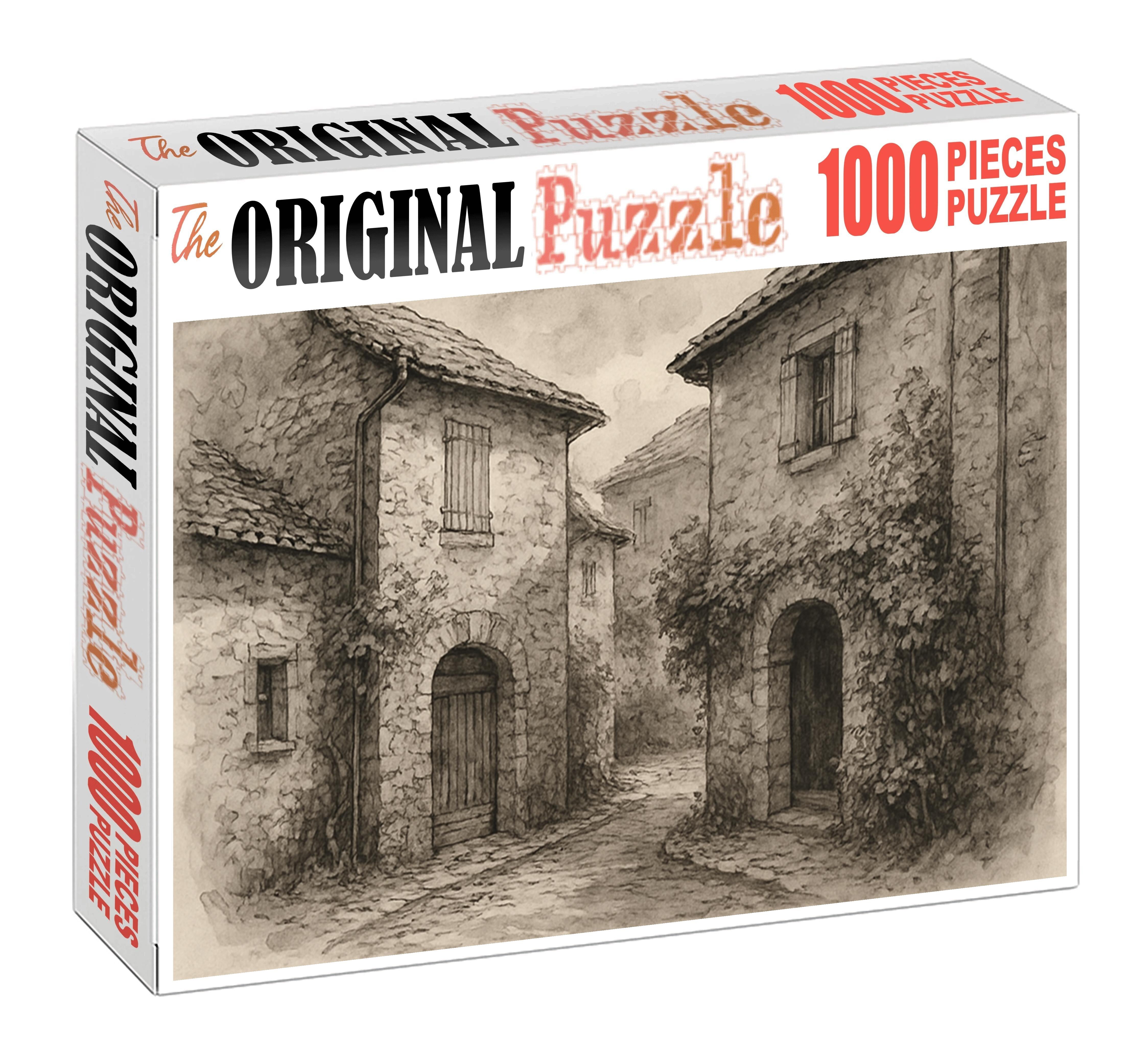 Rustic Village Scene Ink Pen And Wash Drawing With Textured Architectural Detail Mini Puzzle