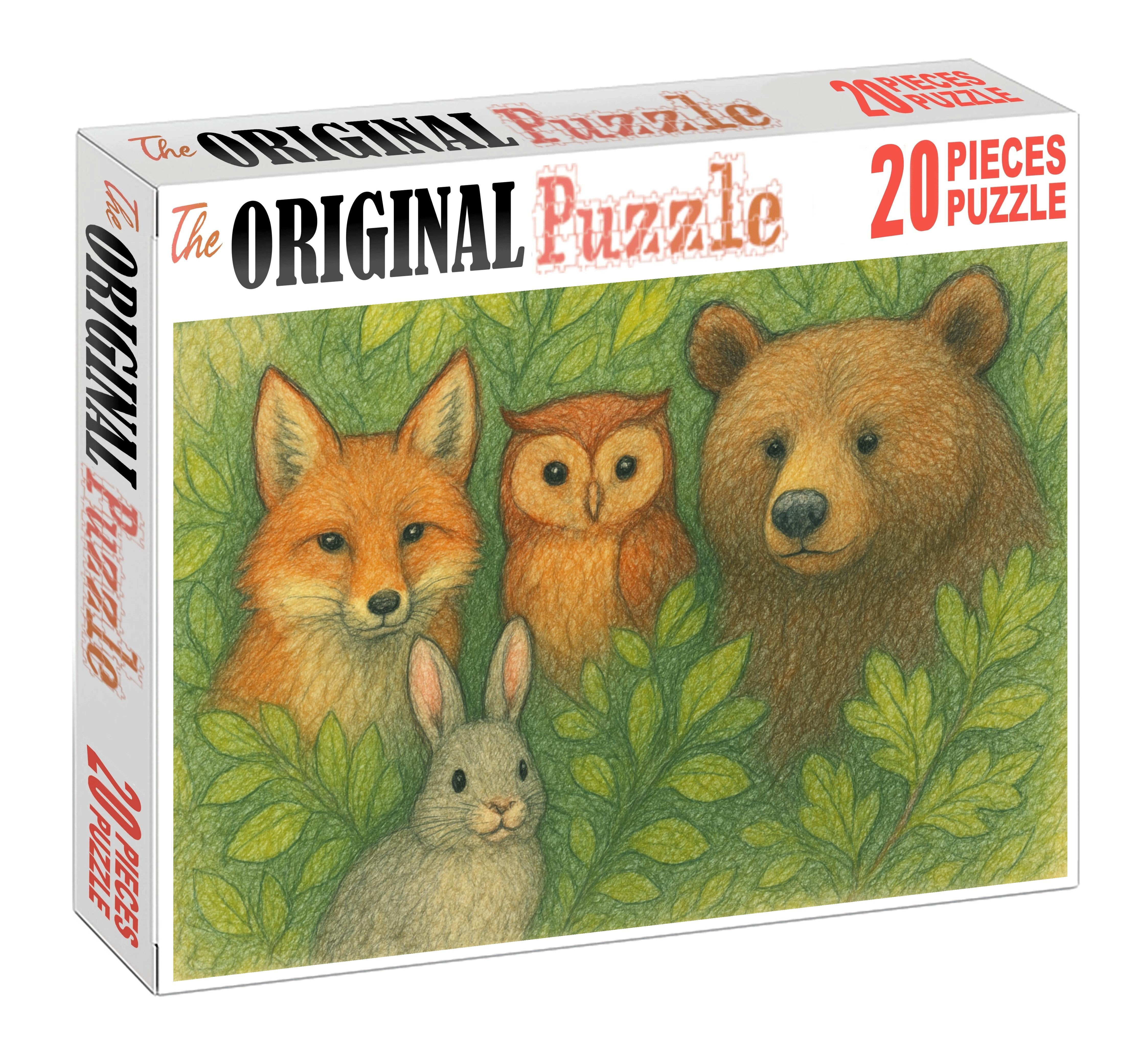 Whimsical Forest Creatures Colored Pencil with Soft Outlines and Textural Hatching Wooden Jigsaw Puzzle puzzle