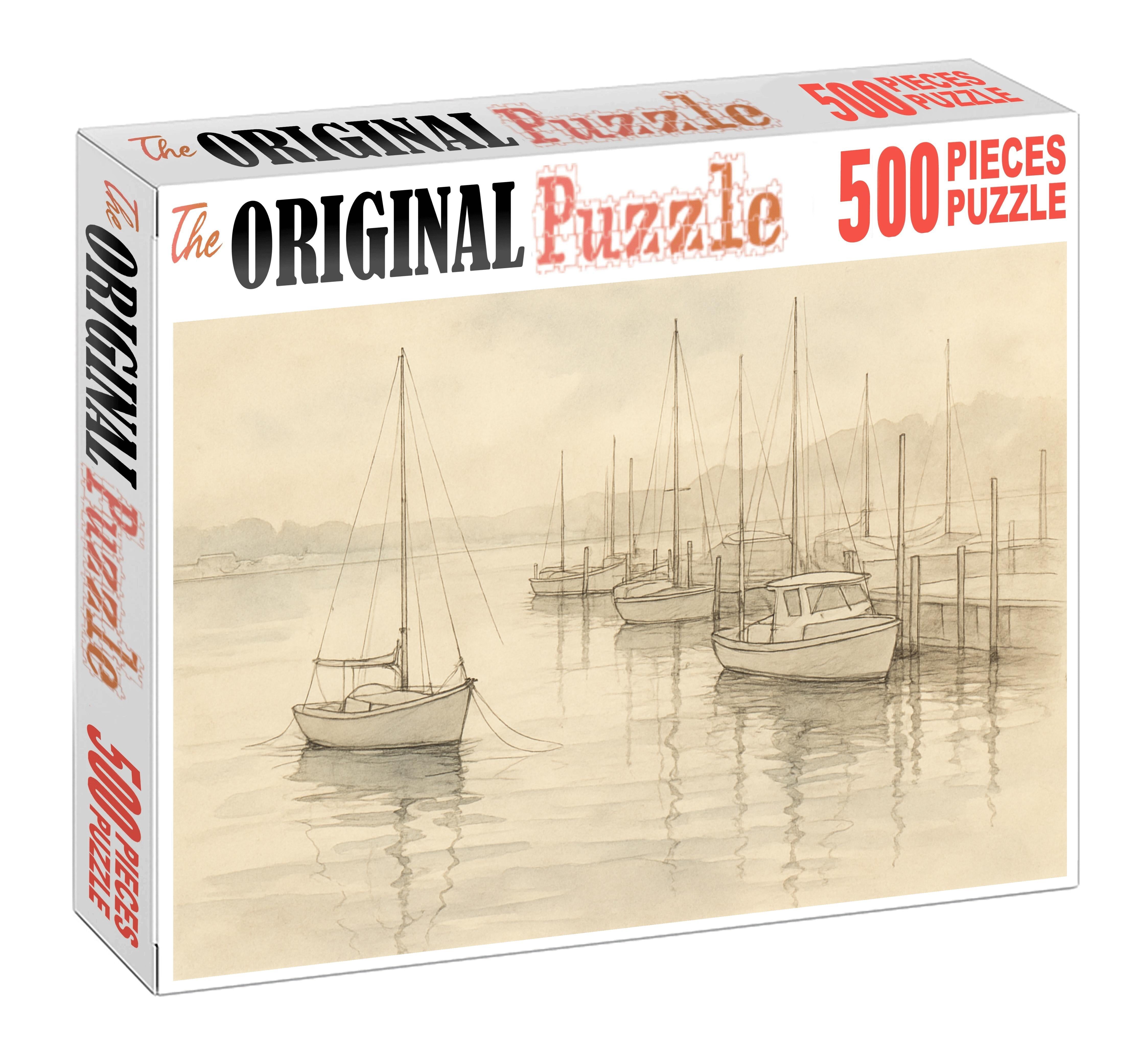 Silent Harbor Nocturne Ink Wash And Fine Line Dockside Scene Premium Puzzle Pieces