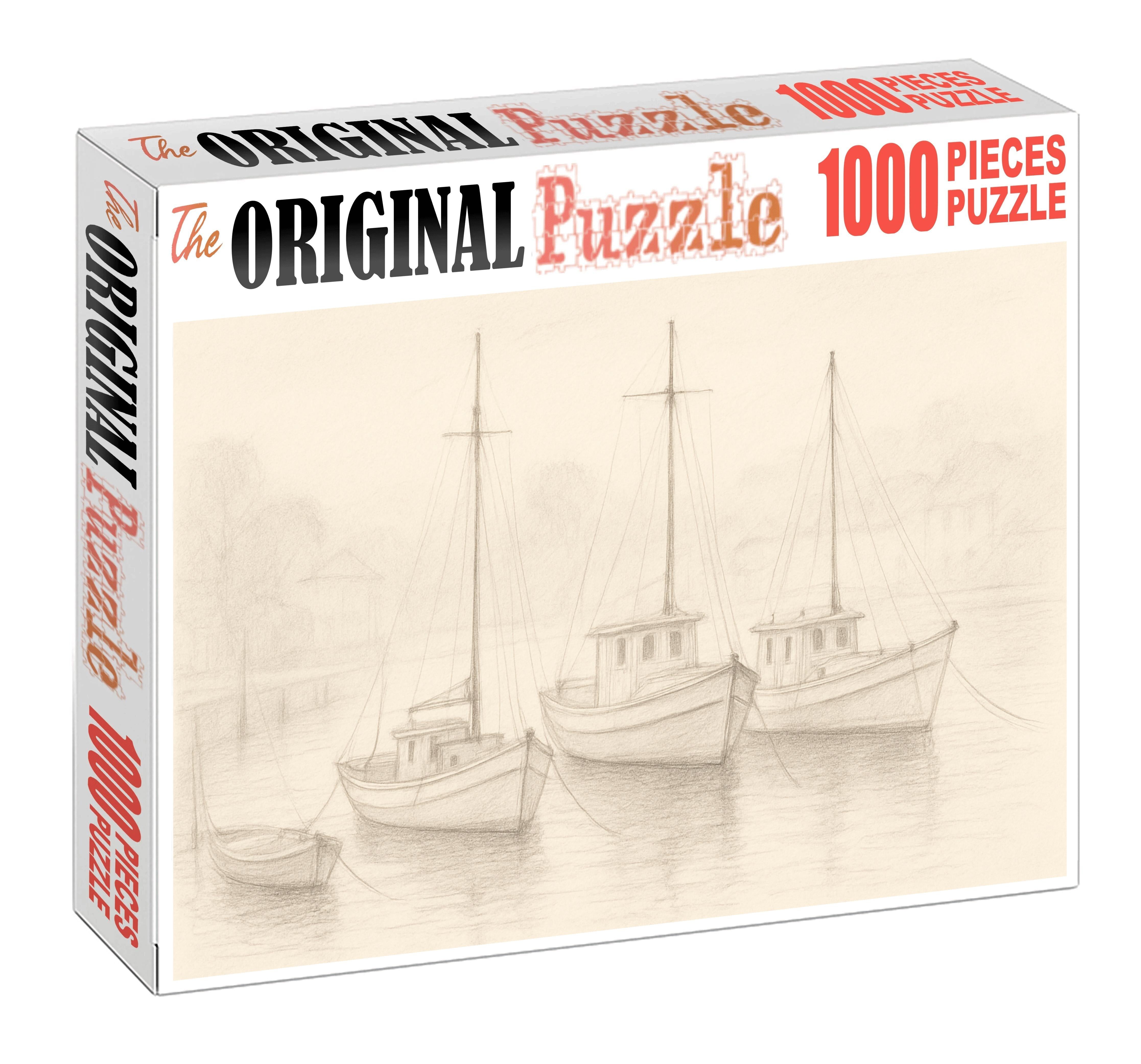 Quiet Harbor Scene Ink And Watercolor Pencil Blend With Light Texturing Large Format Puzzle