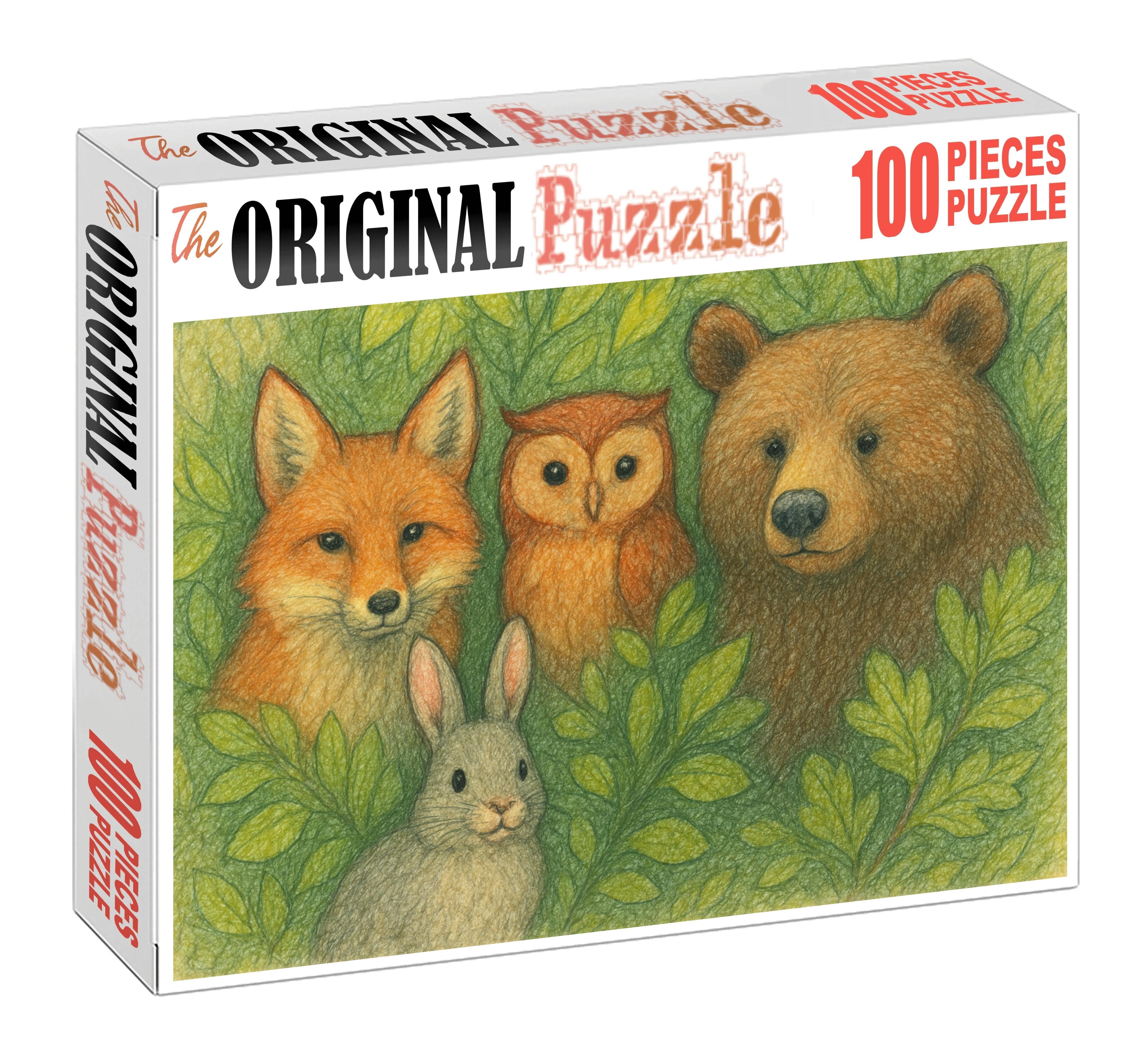 Whimsical Forest Creatures Colored Pencil with Soft Outlines and Textural Hatching Wooden Jigsaw Puzzle puzzle