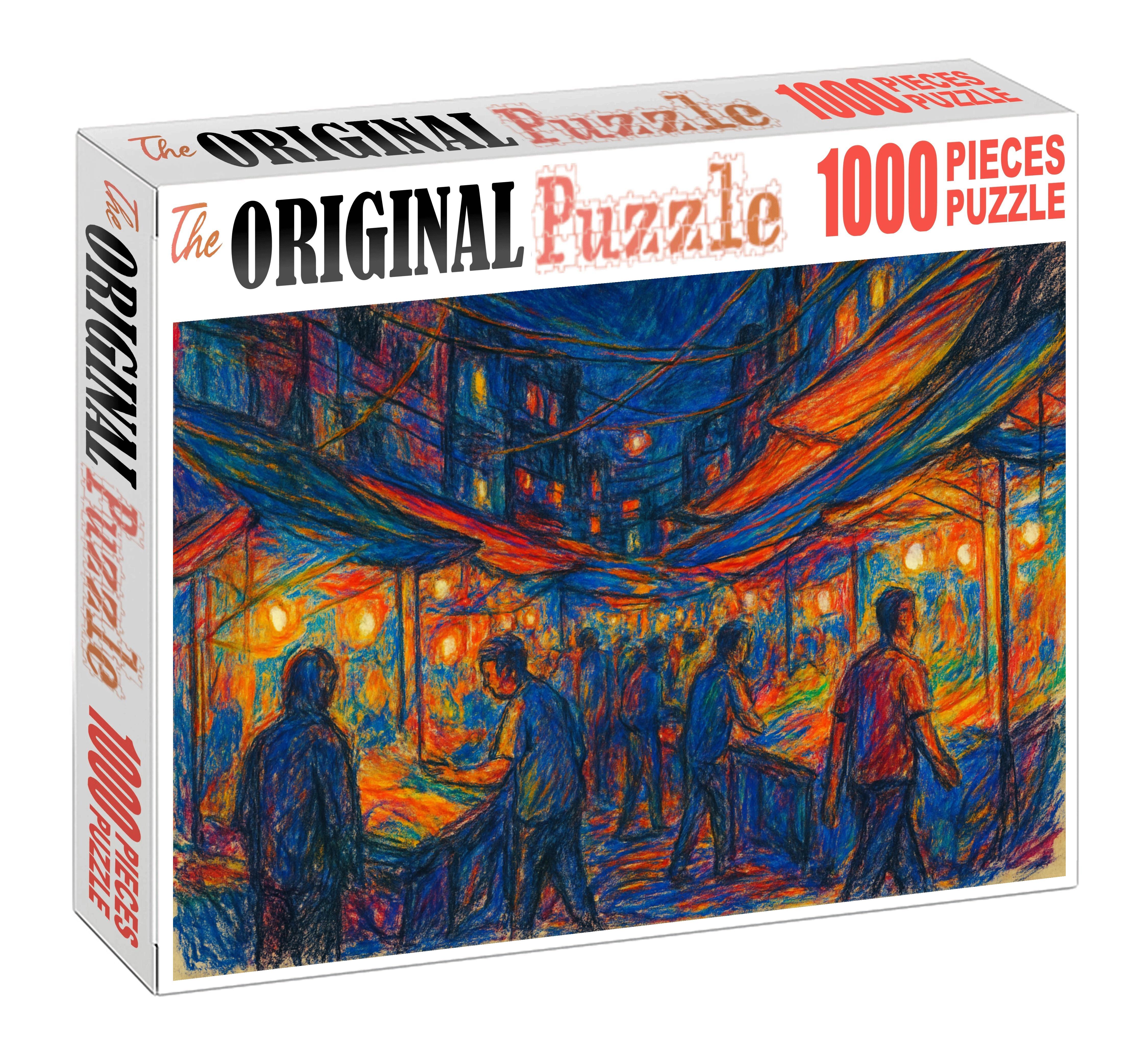 Urban Night Market Scene Ink And Colored Pencil Vignette Premium Puzzle Pieces