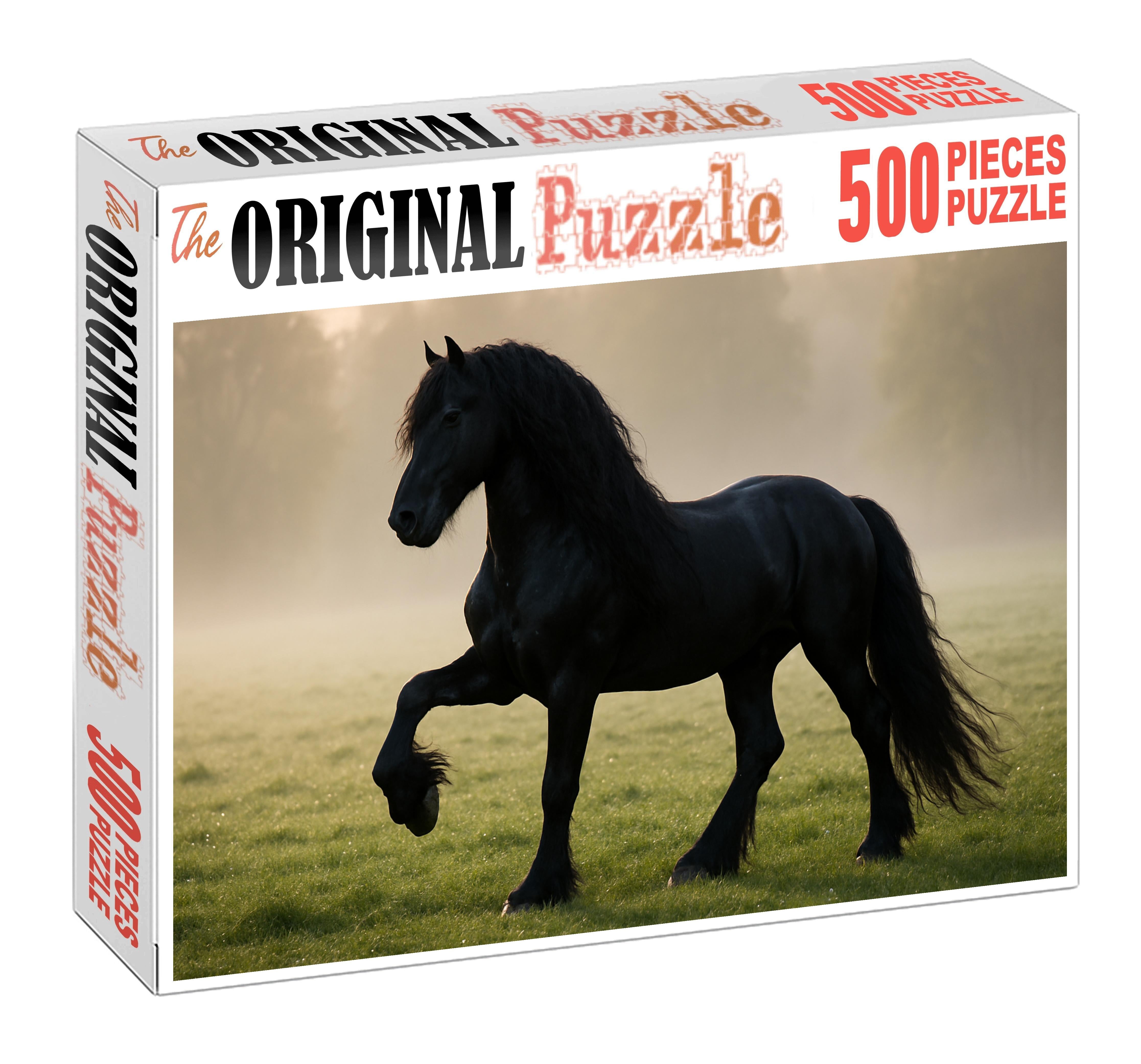 Shadowbrook Nightfall Sleek Black Friesian Stallion With Majestic Presence 200 Piece Puzzle