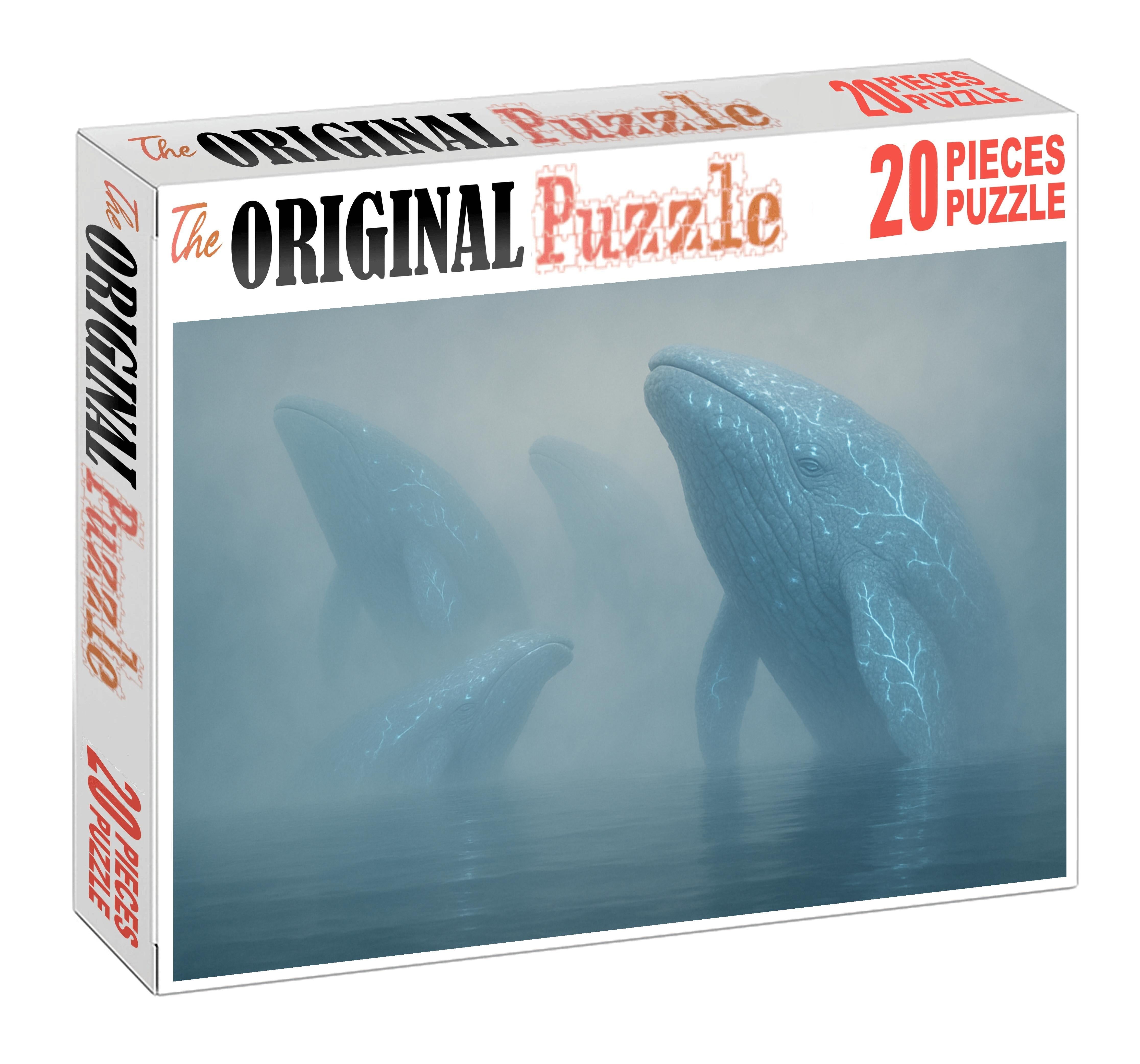 The Oceans Breath Gigantic Coral Whales Surfacing Through Mist Custom Jigsaw Puzzle