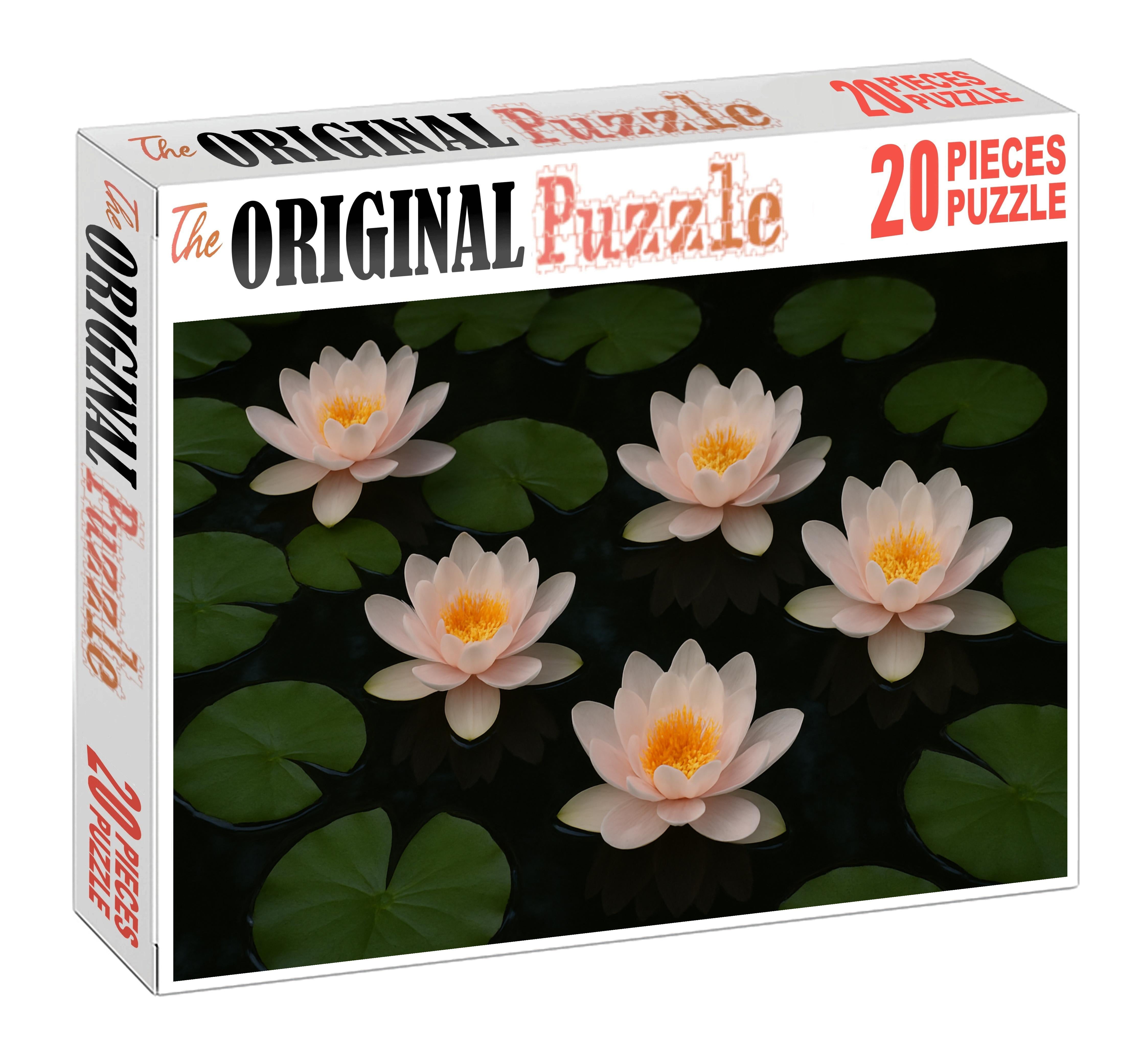 Serene Lotus Pond Display Pale Pink And White Bloom Clusters Floating On Reflective Water Puzzle For Kids