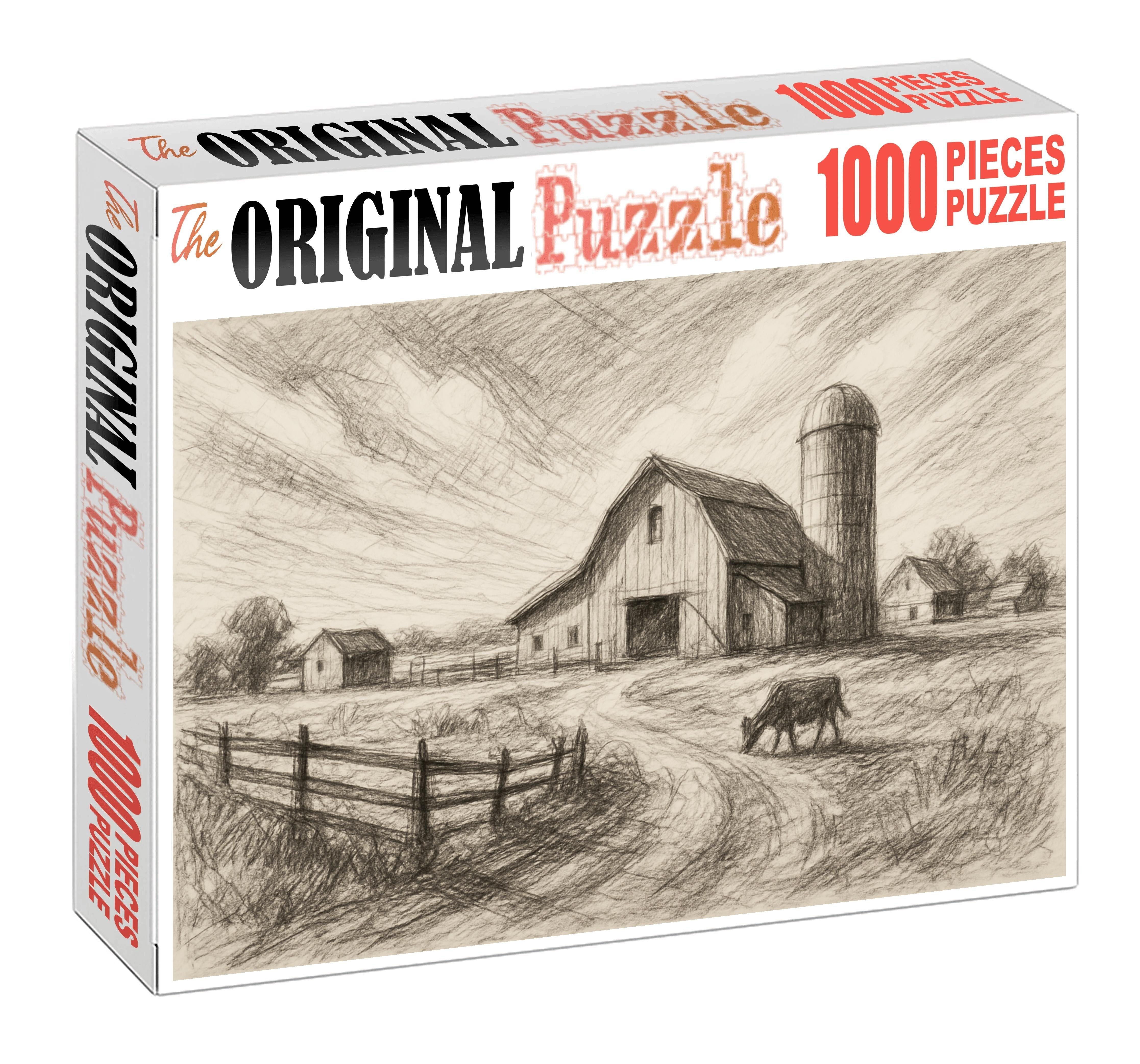 Rustic Farmstead Panorama Loose Pencil And Ink Mixed Media Custom Jigsaw Puzzle