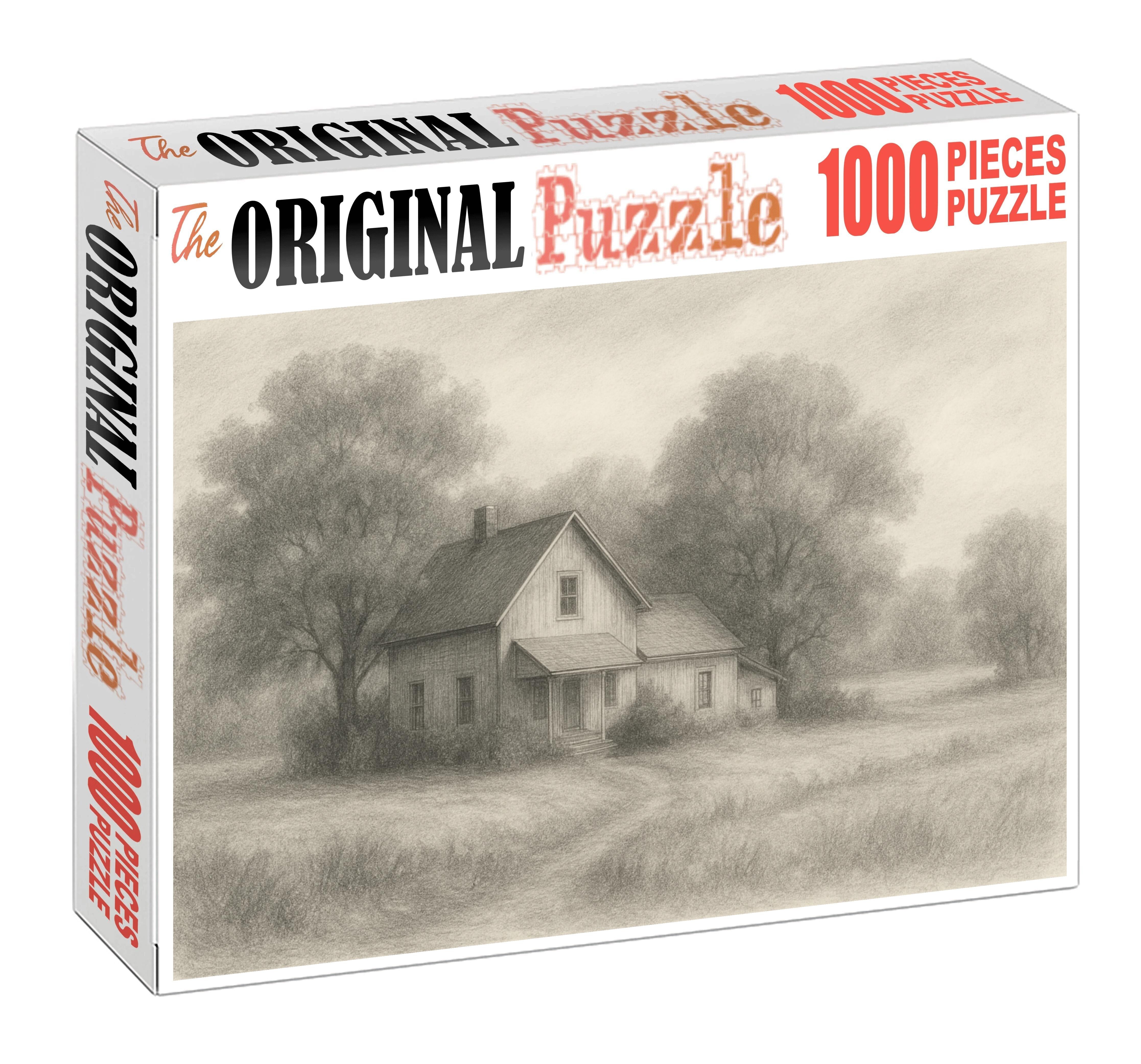 Quiet Countryside Homestead Soft Graphite Sketch With Subtle Tonal Layers Large Format Puzzle