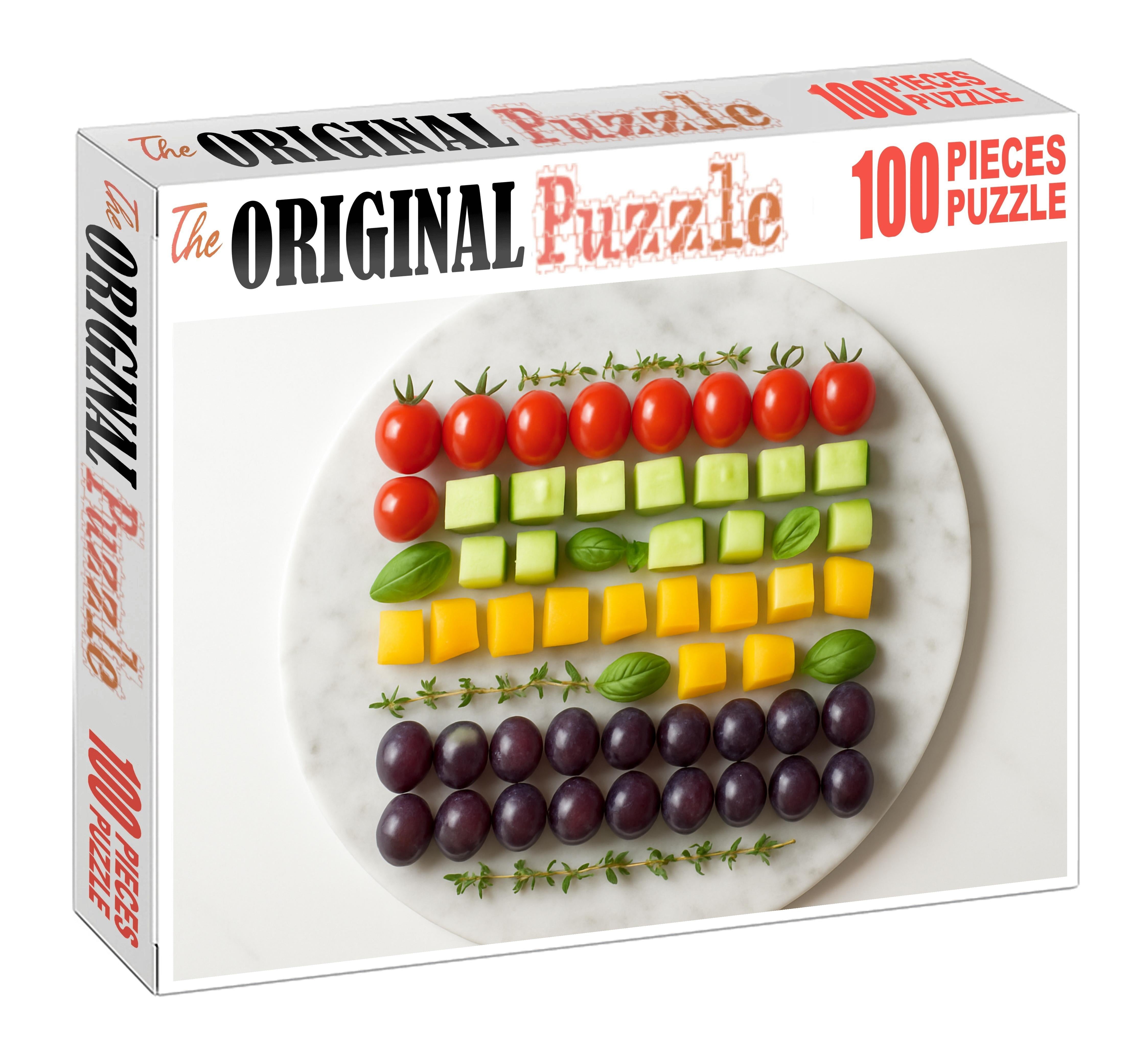 Garden Fresh Mosaic Colorful Veggies And Fruits In Geometric Patterns Puzzle Challenge