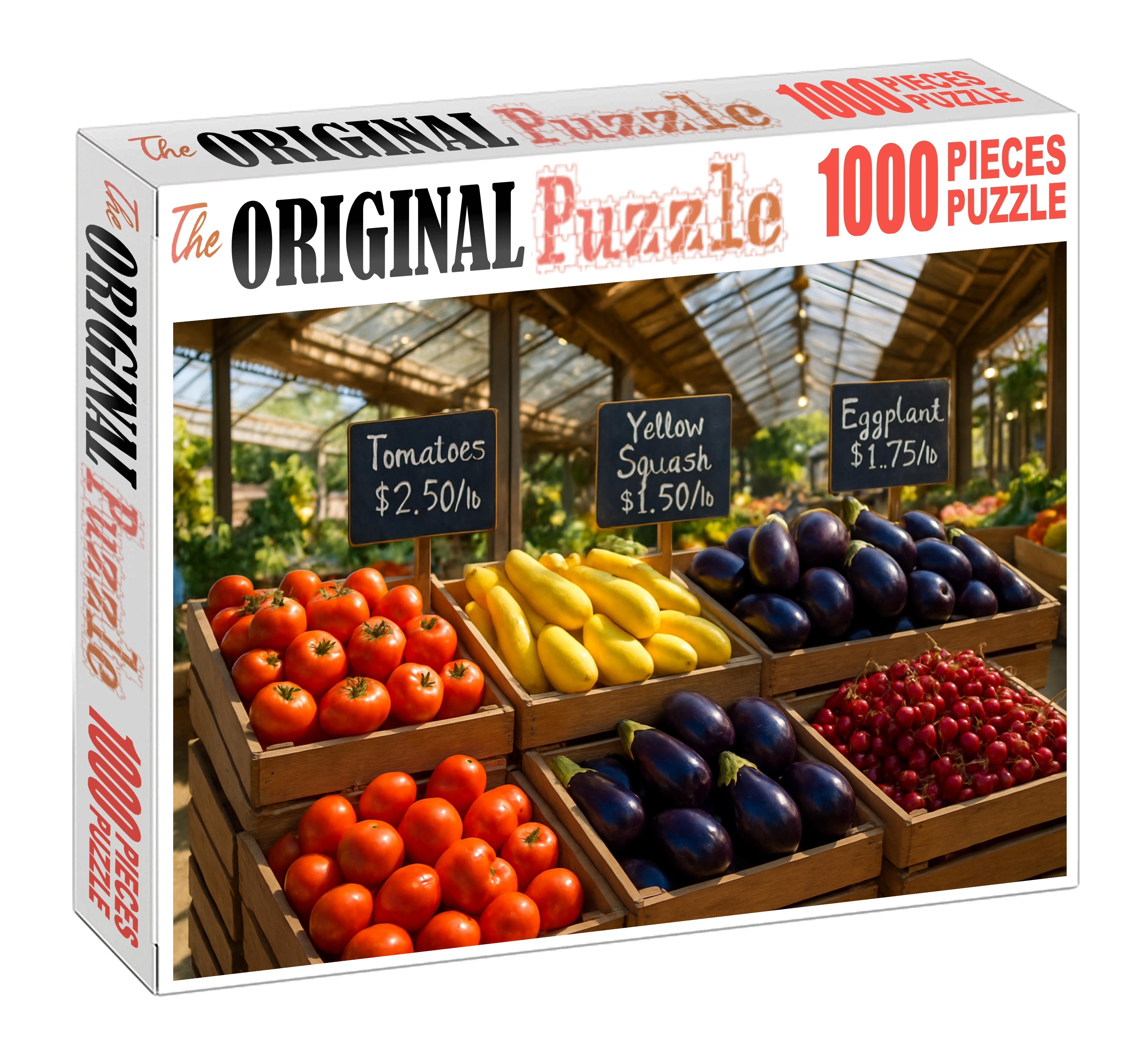 Sunlit Farmers Market Aisle Rows Of Colorful Seasonal Produce In Wooden Crates 20 Piece Puzzle