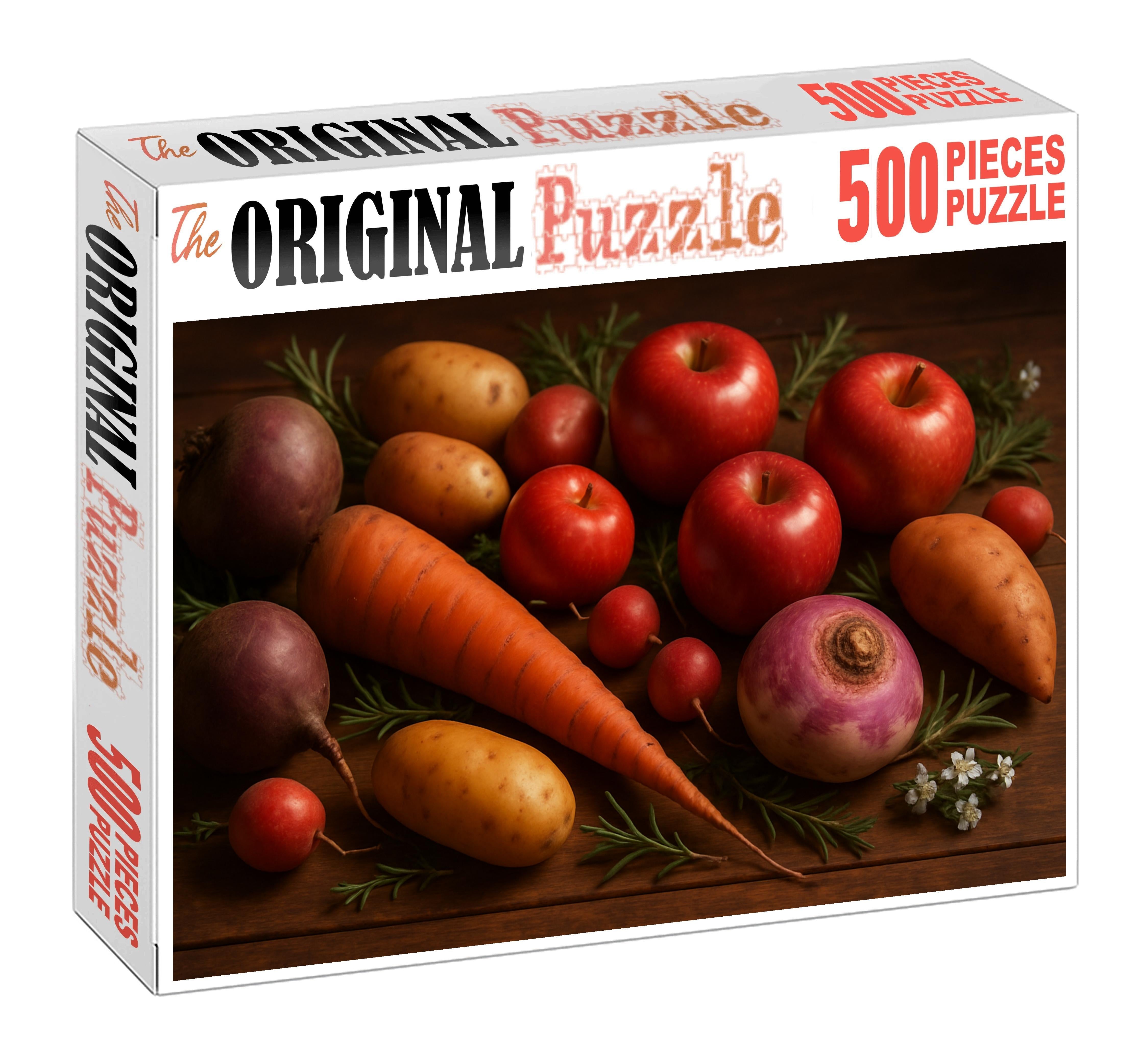 Harvest Bounty Rustic Table Display Of Root Vegetables And Apples With Floral Accents Premium Puzzle Pieces