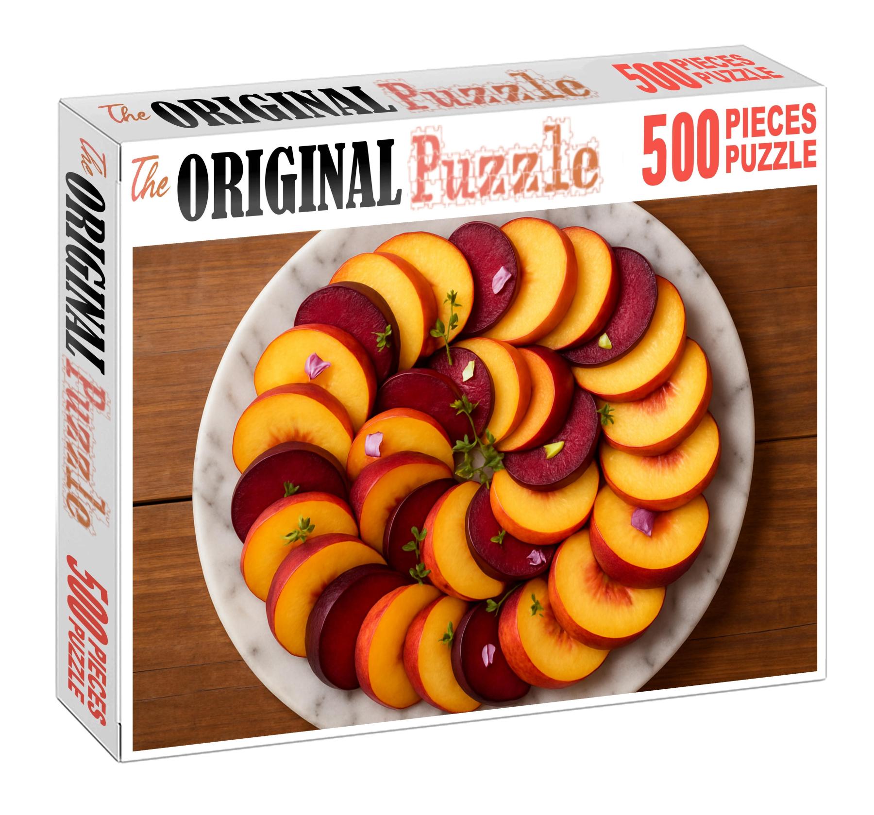 Stone Fruit Symphony Sliced Peaches Plums And Nectarines On Marble 20 Piece Puzzle