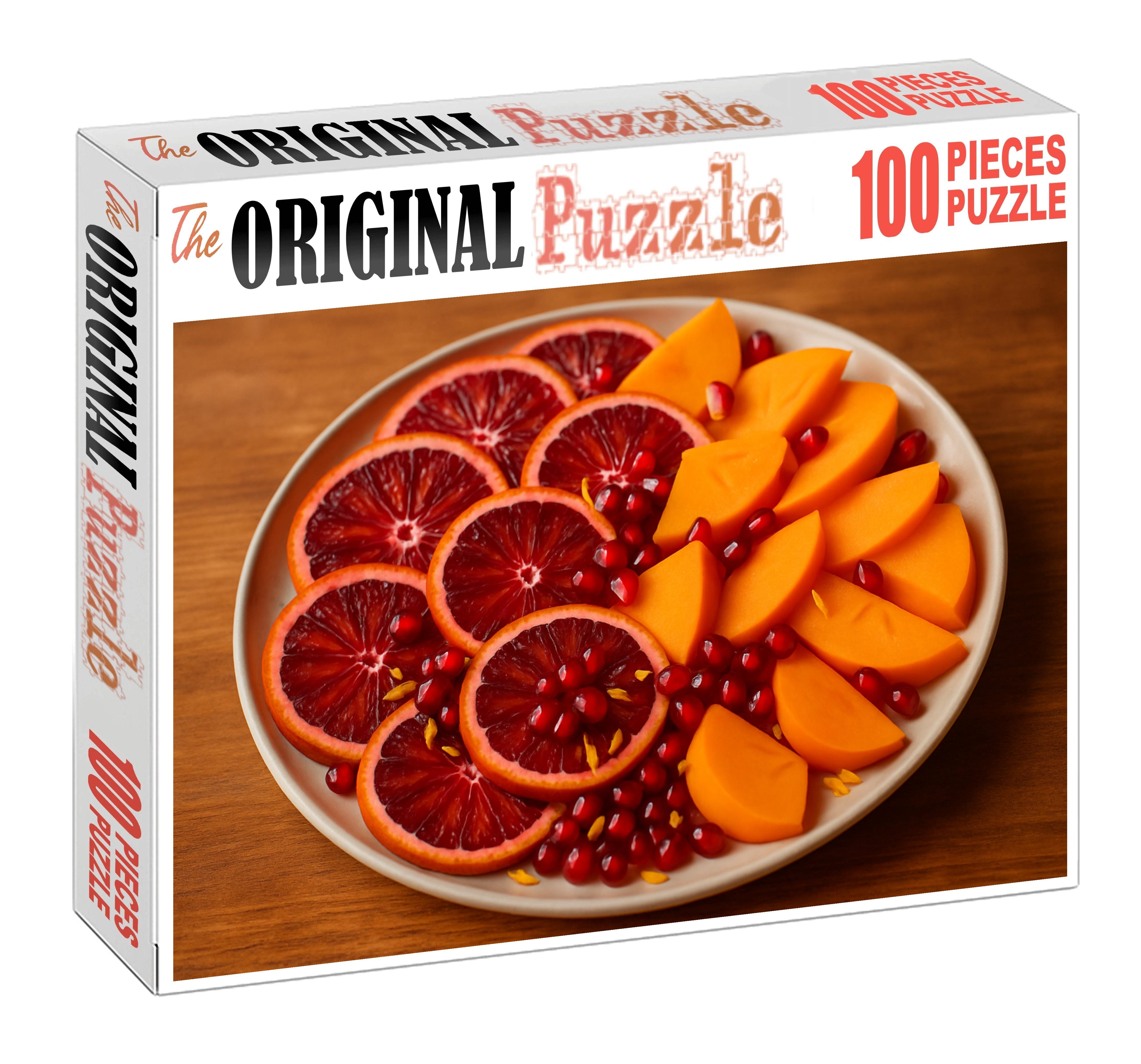 Sunset Orchard Layered Display Of Blood Oranges Pomegranates And Fuyu Persimmons Premium Puzzle Pieces