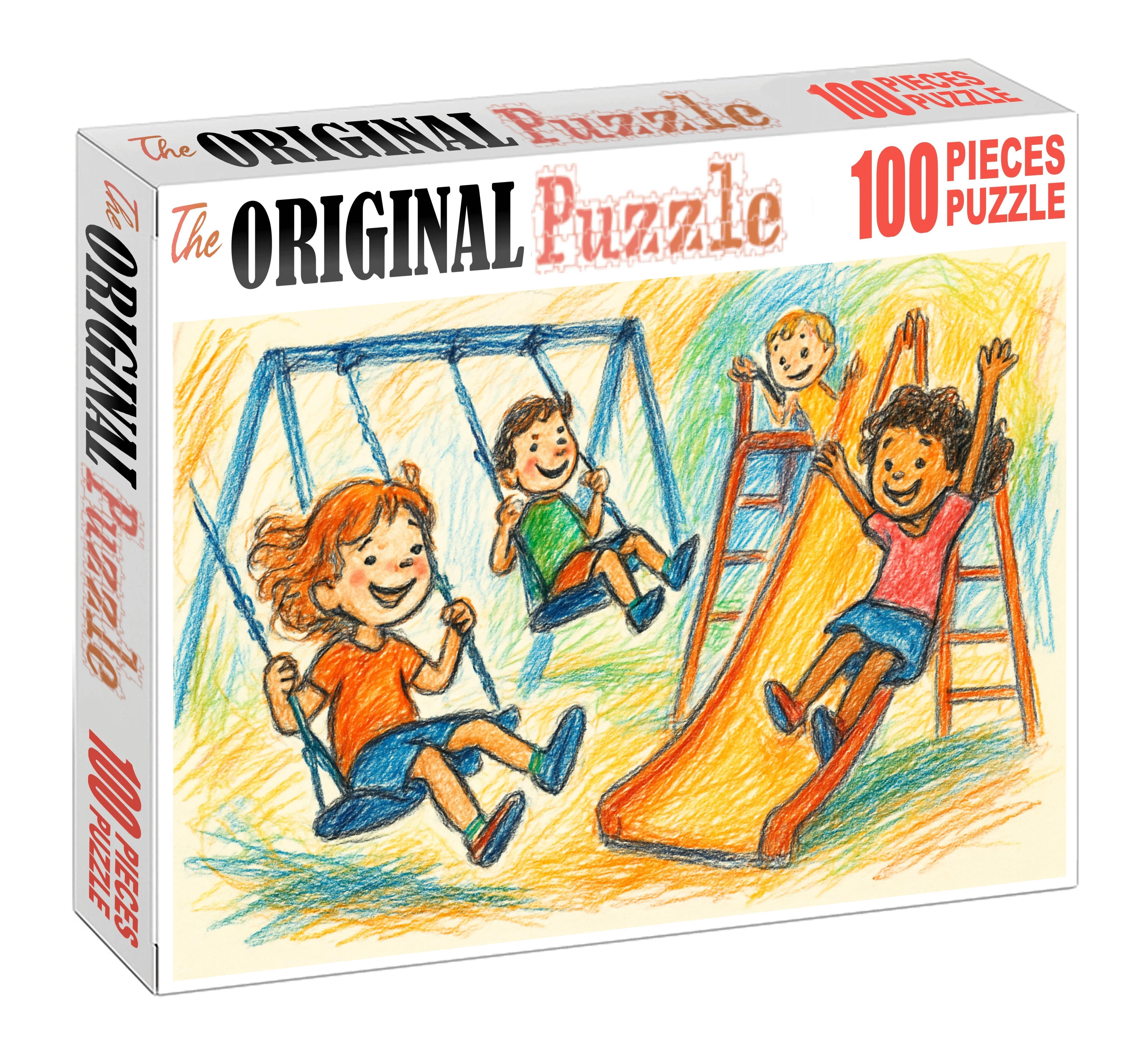 Childhood Playground Vignette Expressive Colored Pencil Sketch With Loose Lines Large Format Puzzle