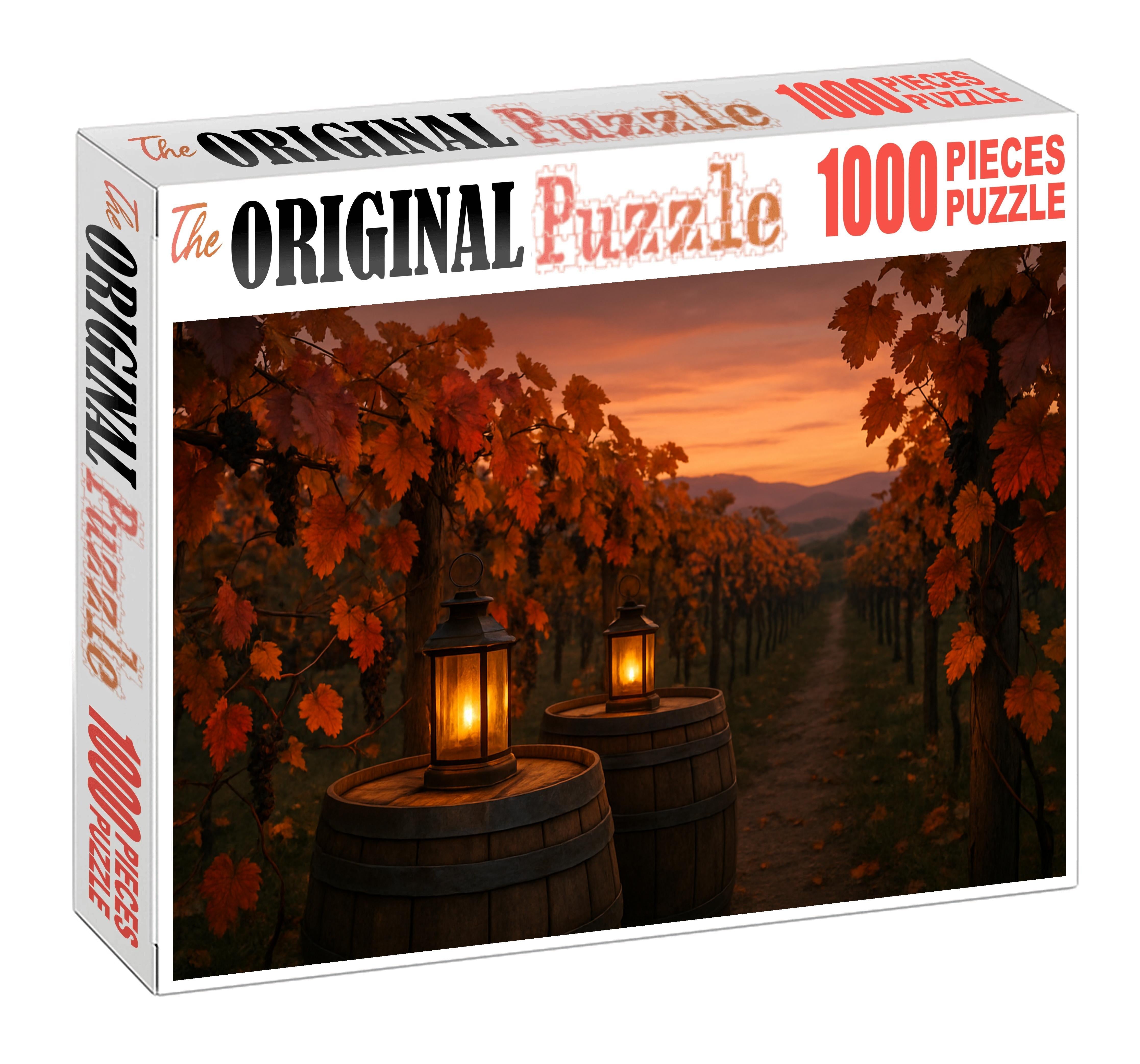 Crimson Vineyard Evening Wine Barrels And Flickering Lanterns Puzzle Fun