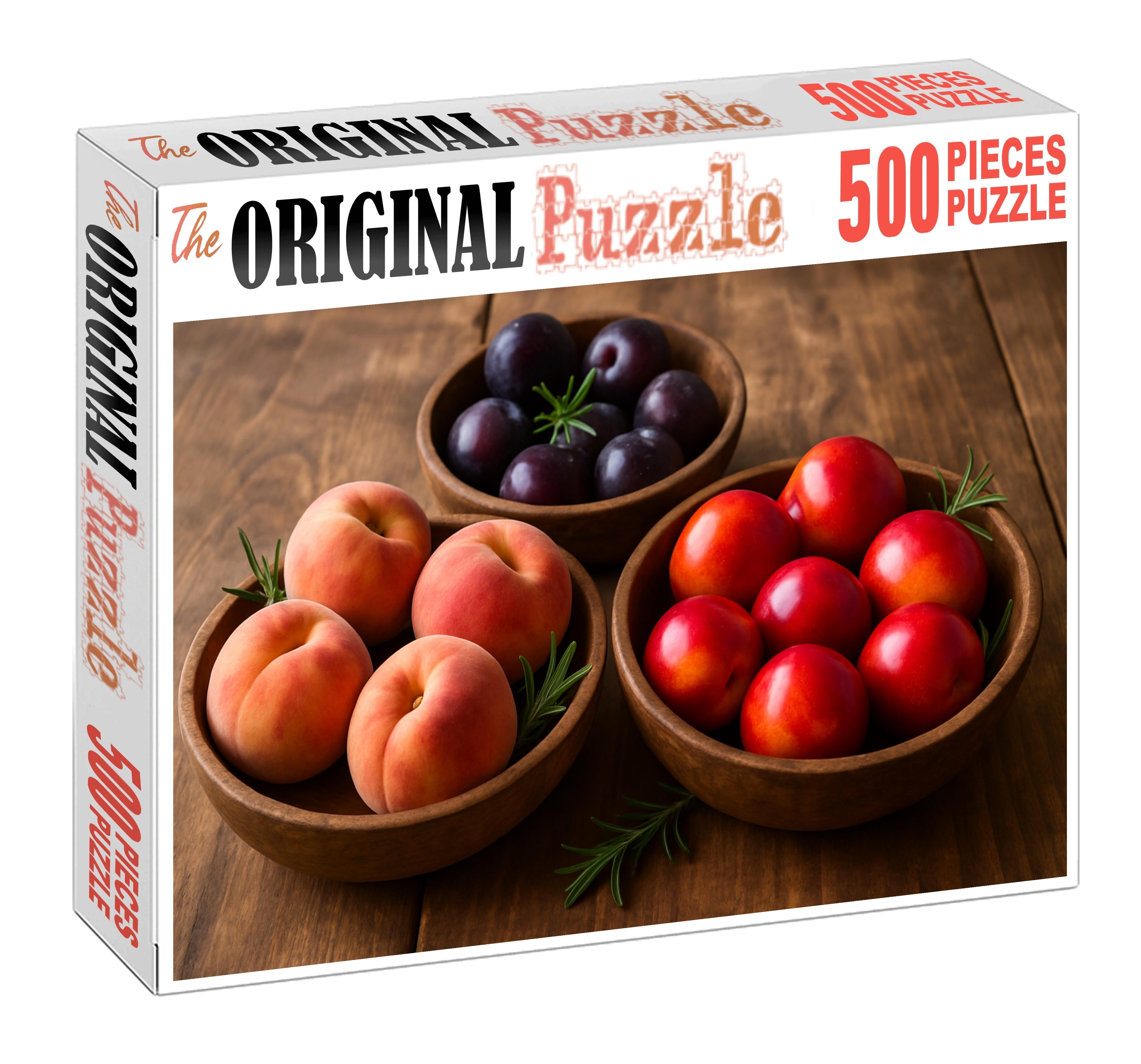 Stone Fruit Serenade Peaches Nectarines And Plums In Rustic Wooden Bowls Premium Puzzle Pieces