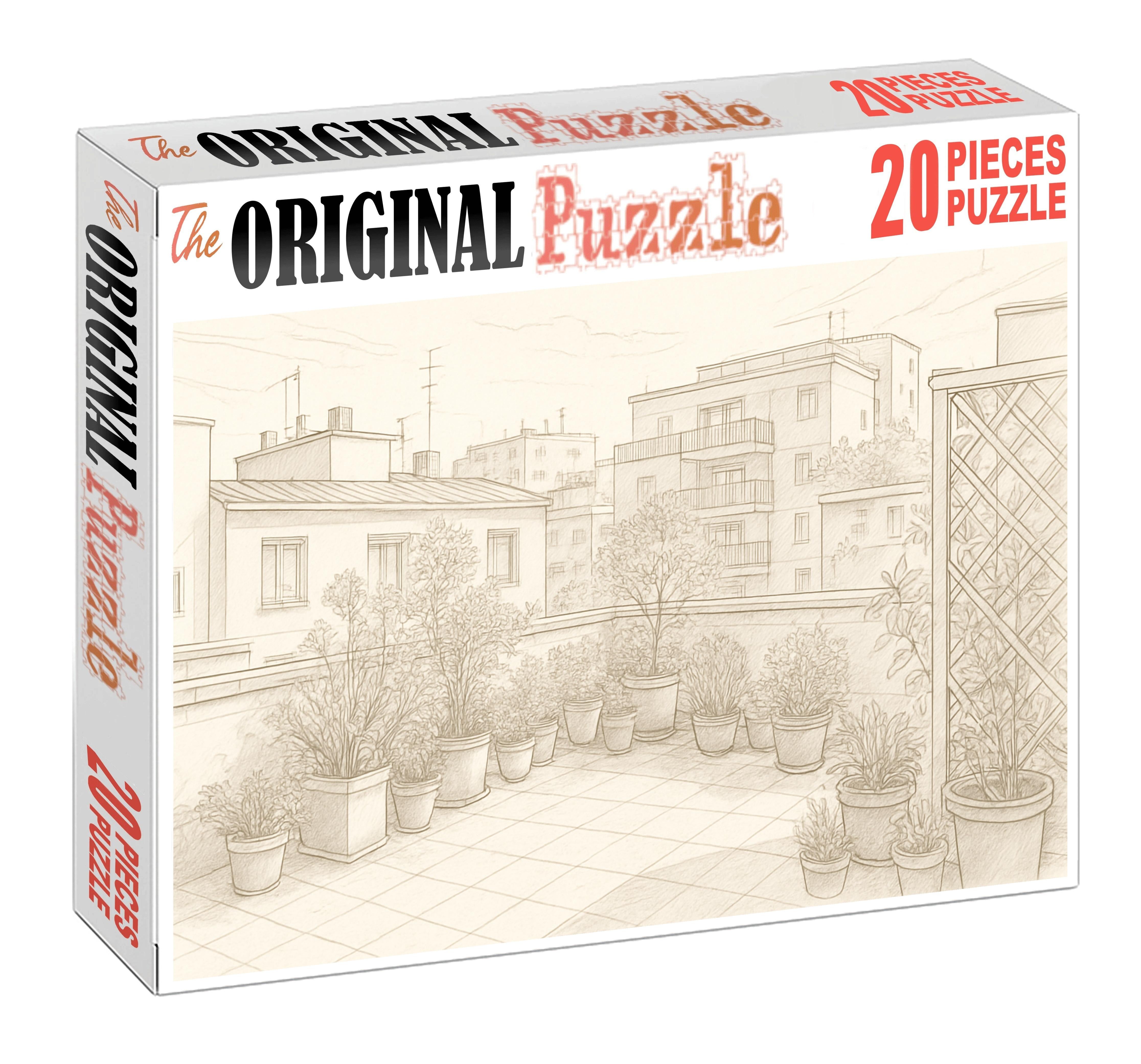 Urban Rooftop Garden Sketch Delicate Ink Lines And Subtle Wash Large Format Puzzle