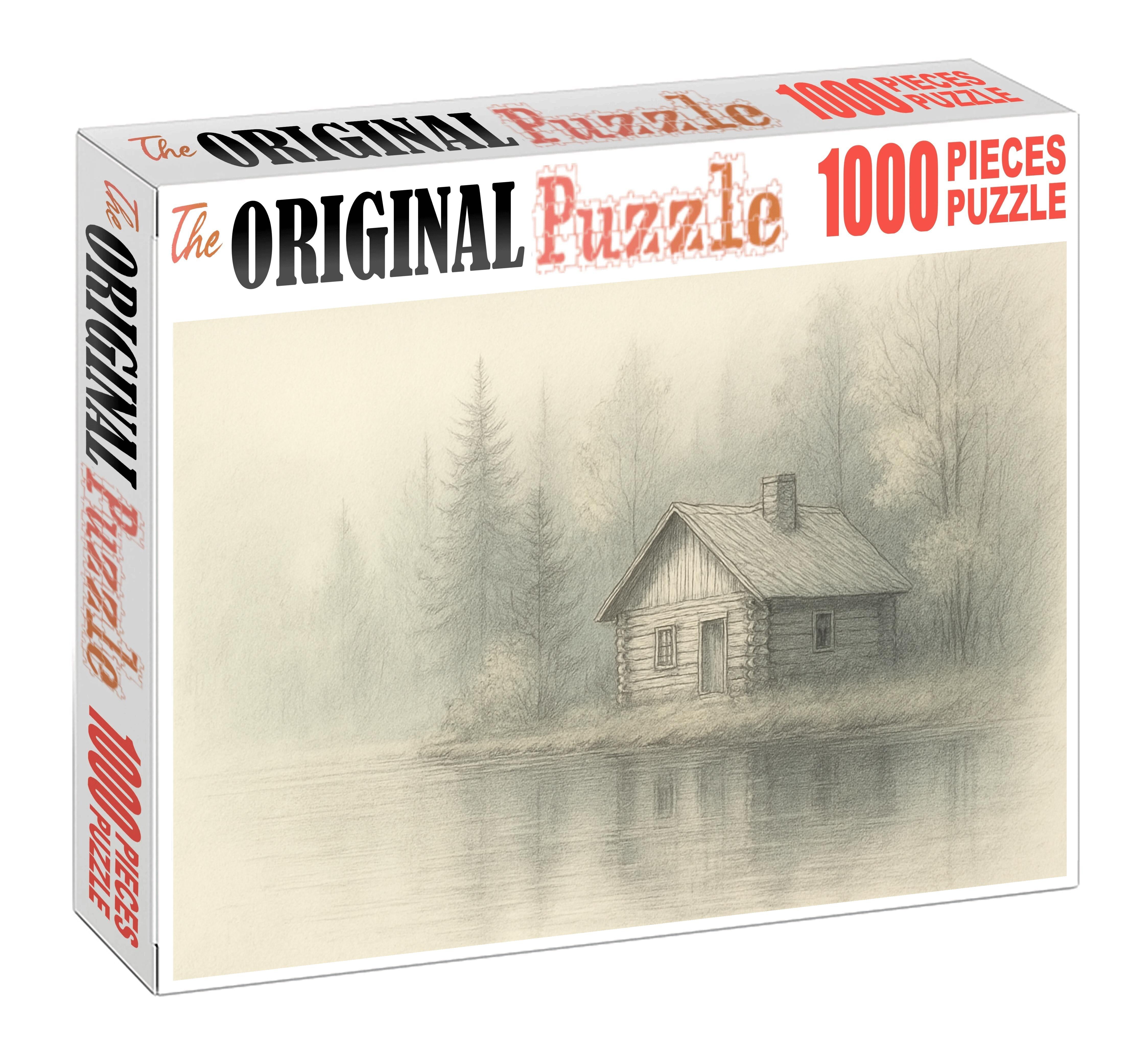 Serene Lakeside Cabin Rendering Watercolor Pencil With Light Pen Detail Large Format Puzzle