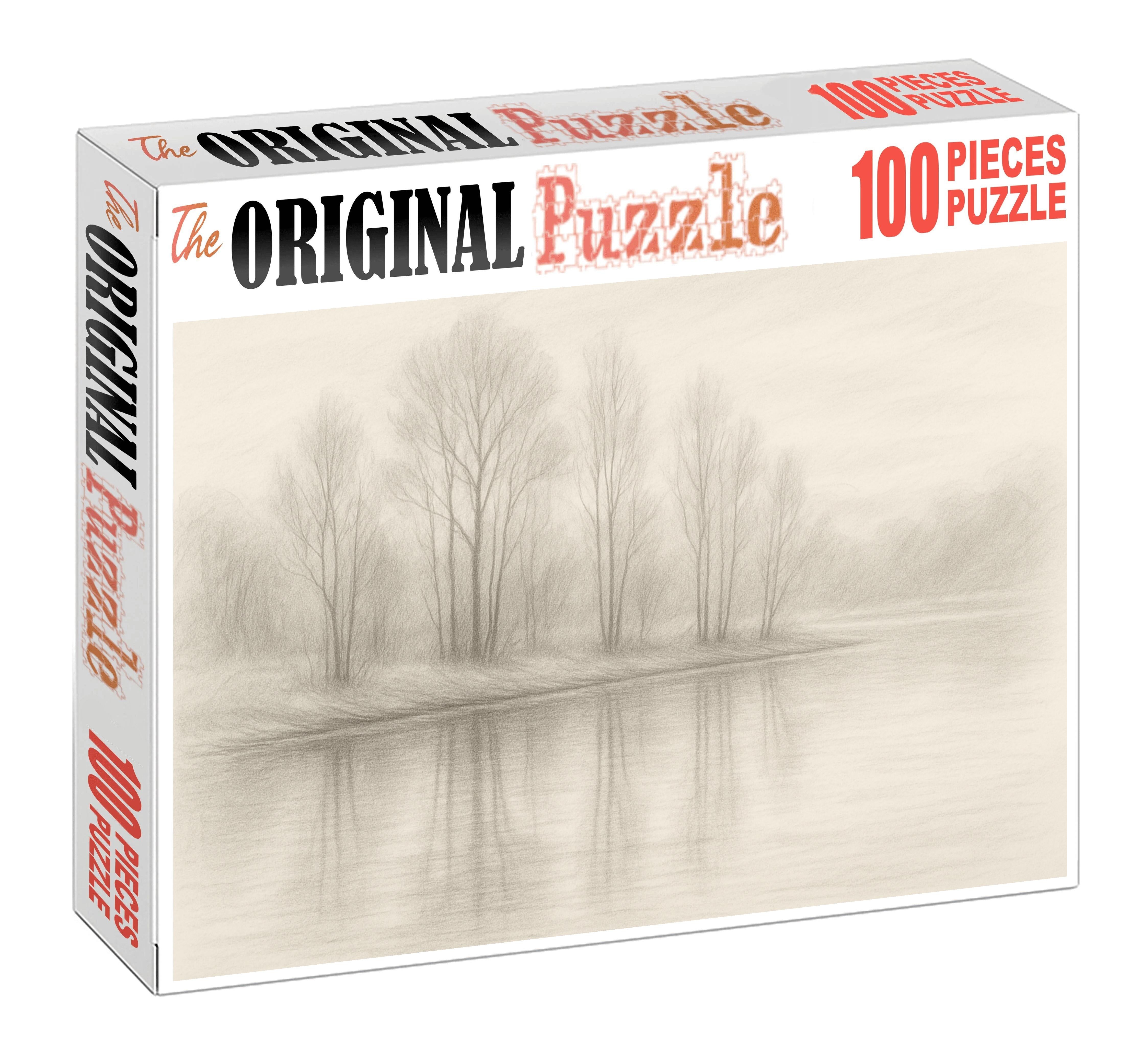 Serene Lakeside Reflections Soft Pencil Sketch Of Water And Trees Large Format Puzzle