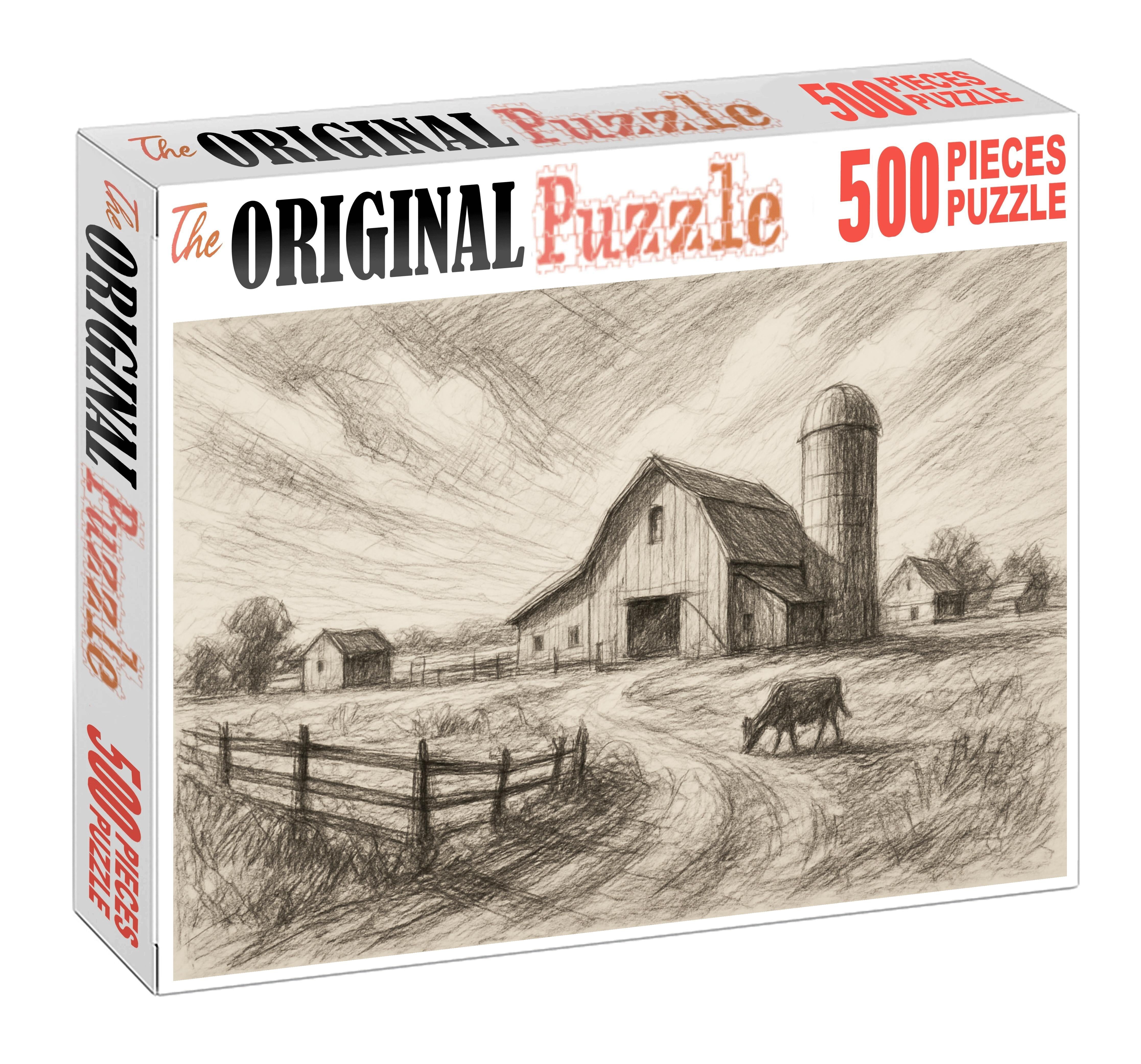 Rustic Farmstead Panorama Loose Pencil And Ink Mixed Media Custom Jigsaw Puzzle
