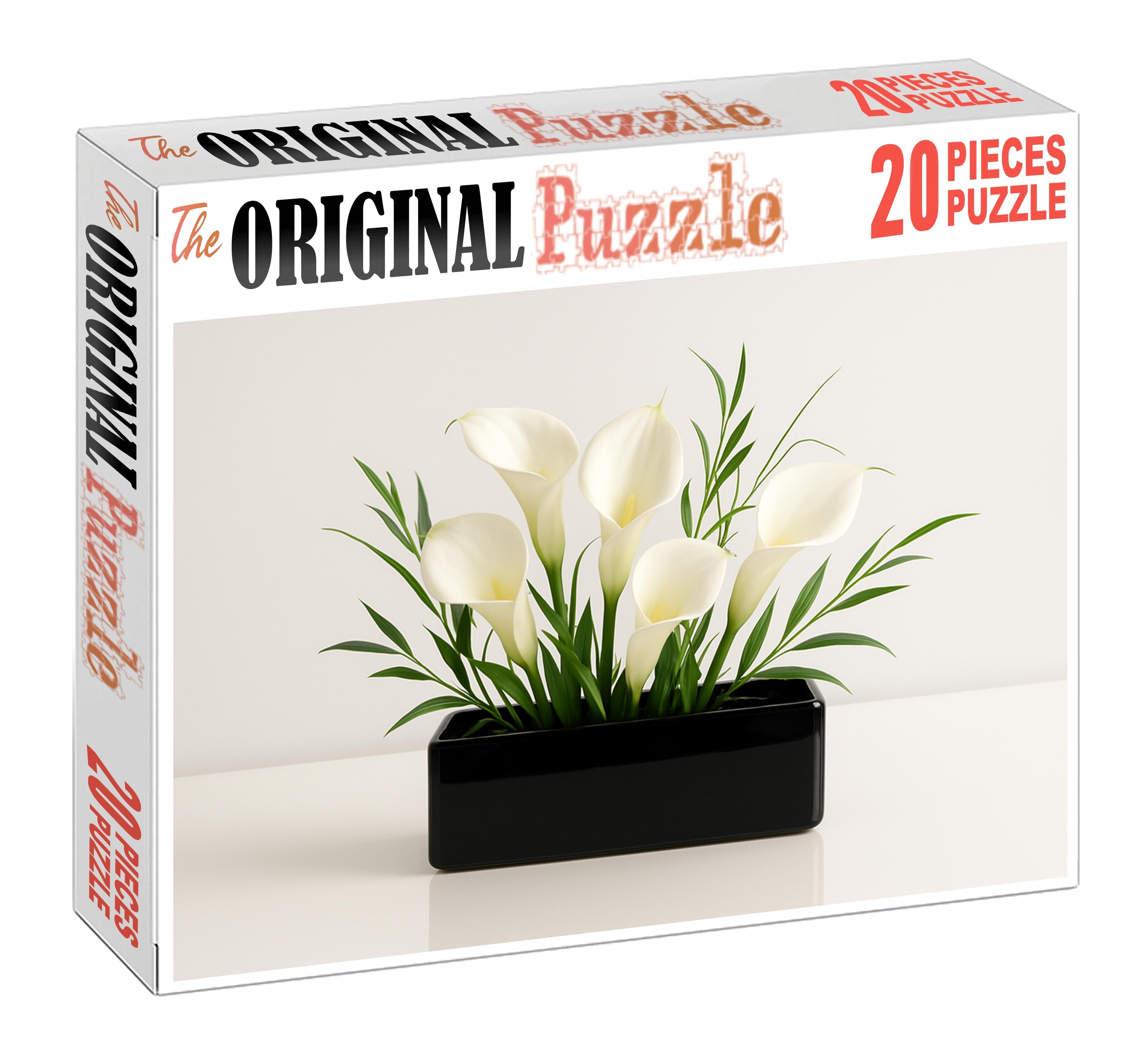 Minimalist Winter Whites Sleek White Blooms In Glossy Black Container Family Puzzles