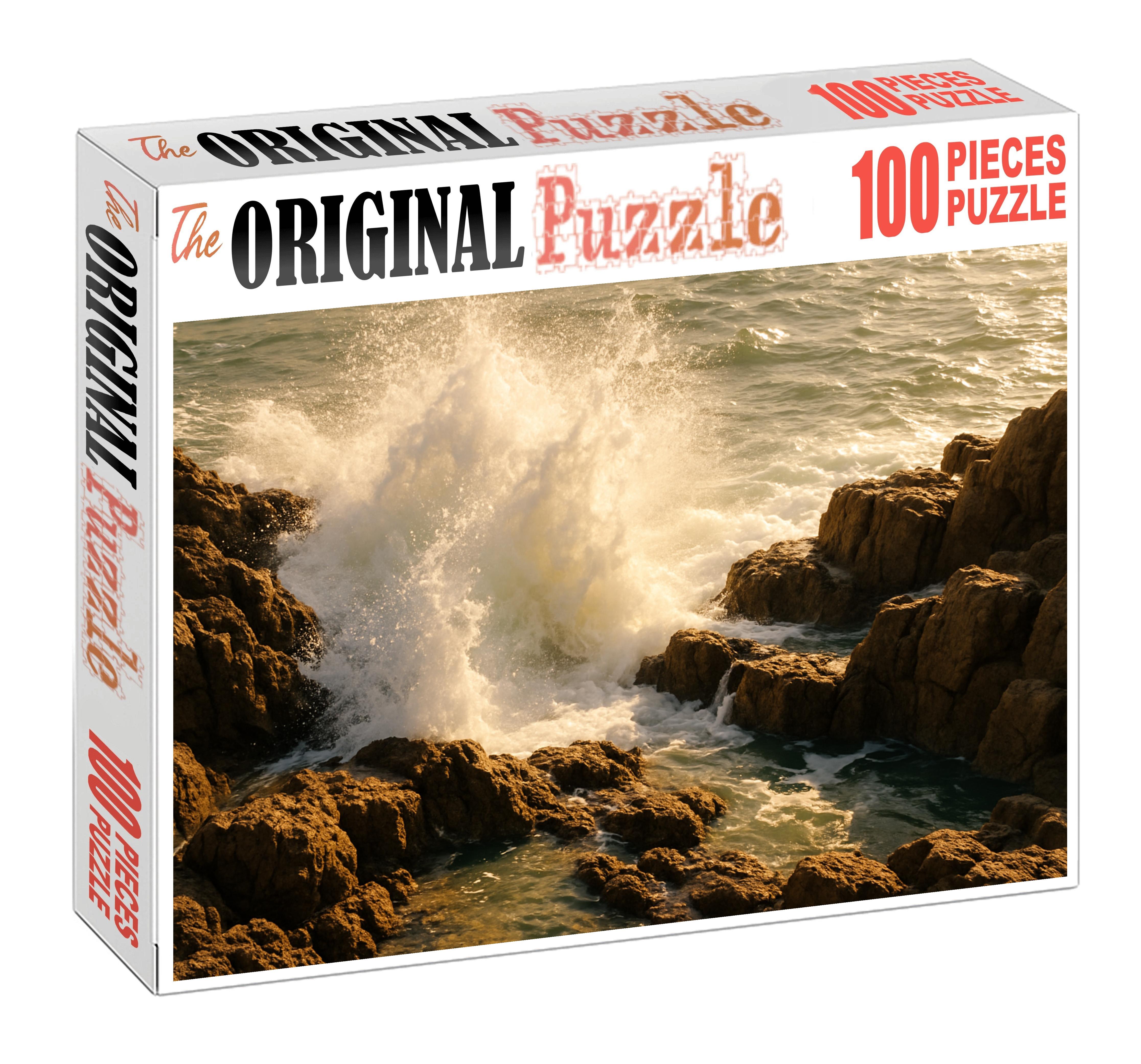 Silver Spray Shoreline Crashing Waves Over Jagged Rocky Ledges 50 Piece Puzzle